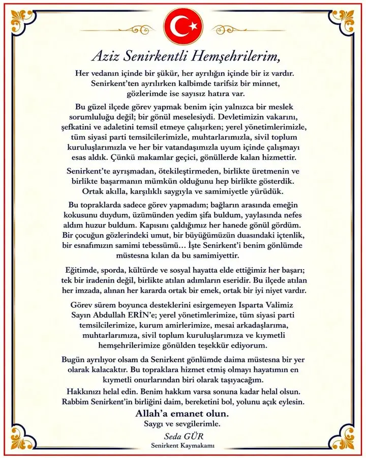 Kaymakam Seda Gür'den veda mesajı