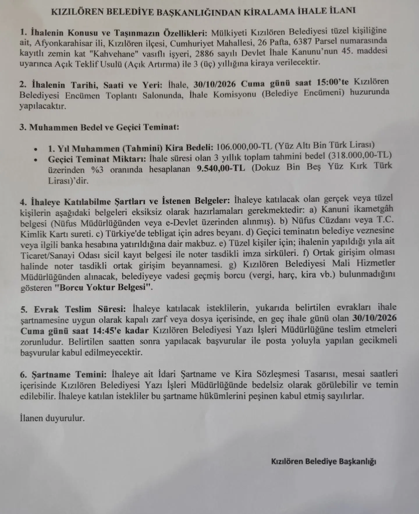 Kızılören Belediyesi'nden İhale Duyurusu