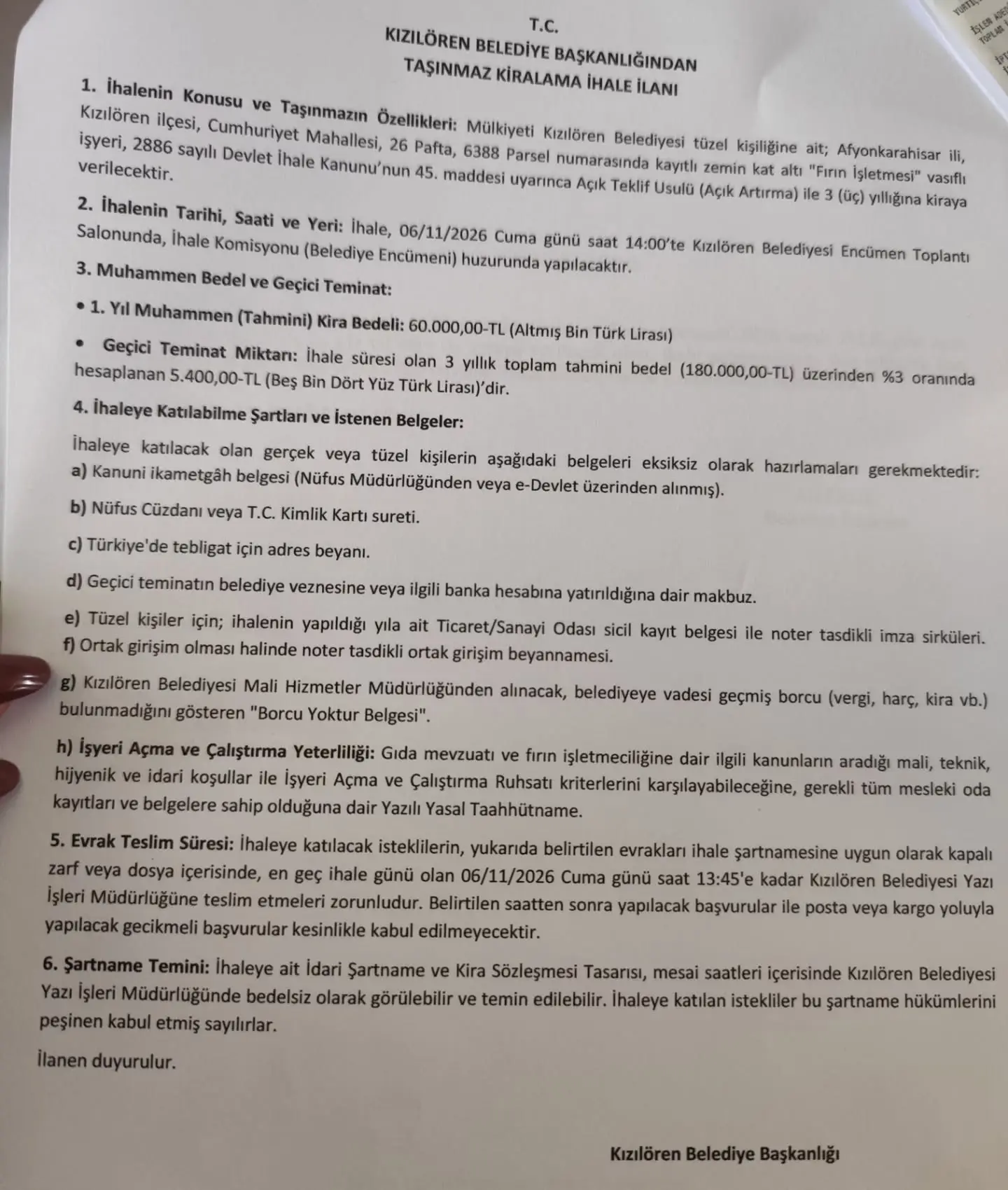 Kızılören Belediyesi Fırın İşyeri Kiraya Veriyor