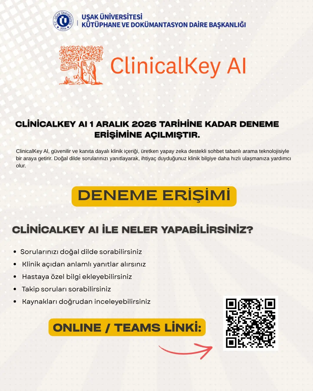 Uşak Üniversitesi'nde ClinicalKey AI Deneme Erişimi Başladı