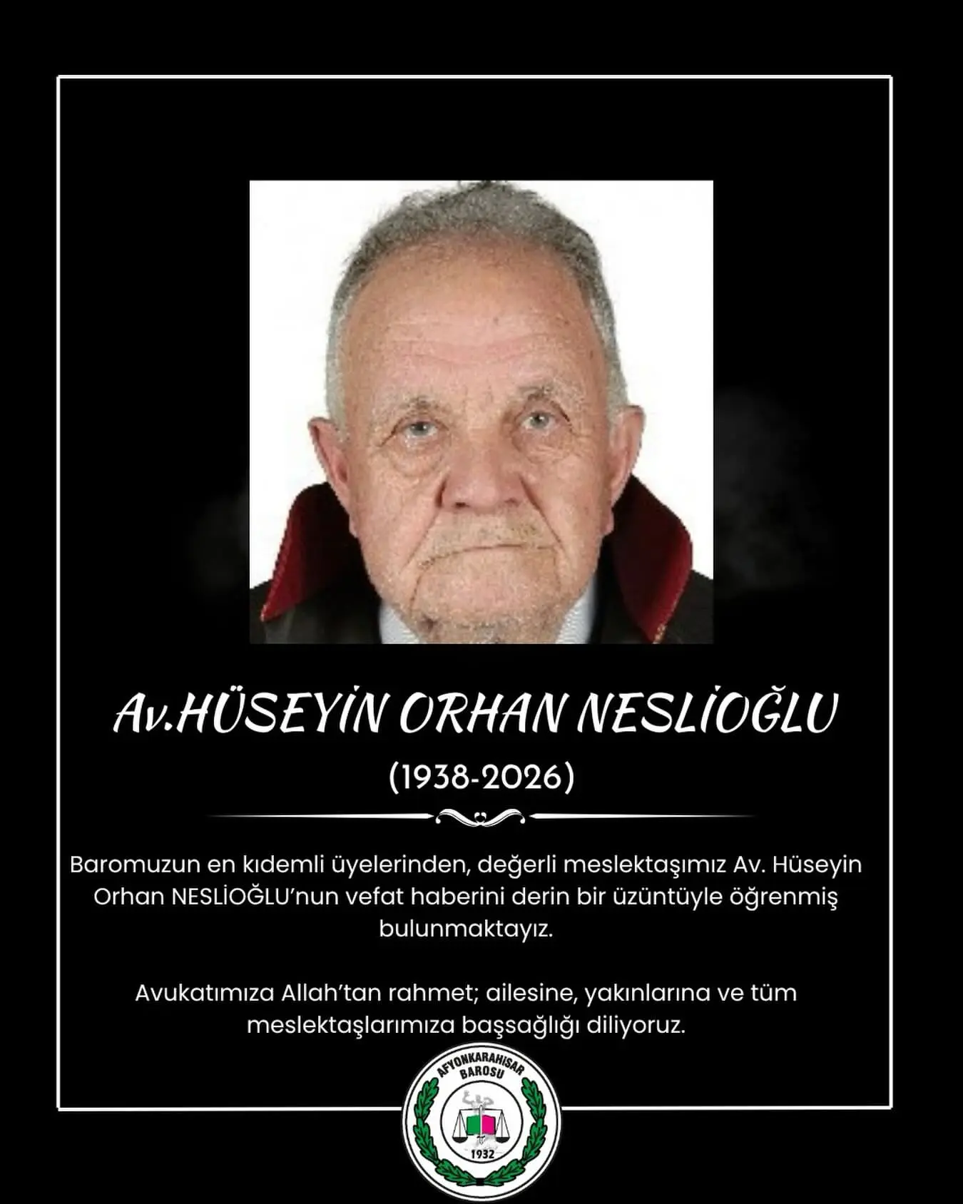 Afyonkarahisar Barosu'ndan vefat haberi