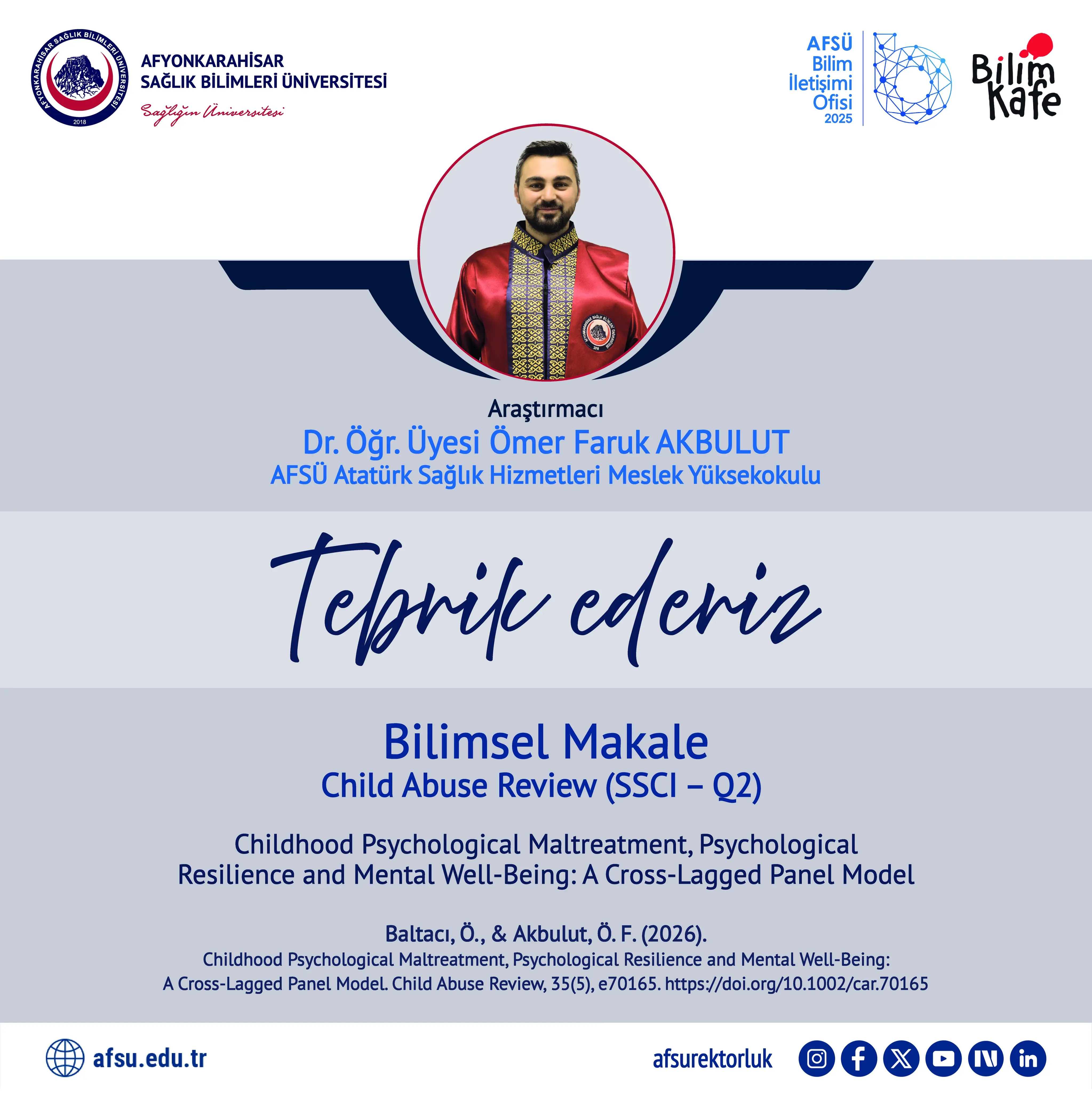 AFSÜ'den bilimsel makale başarı haberi