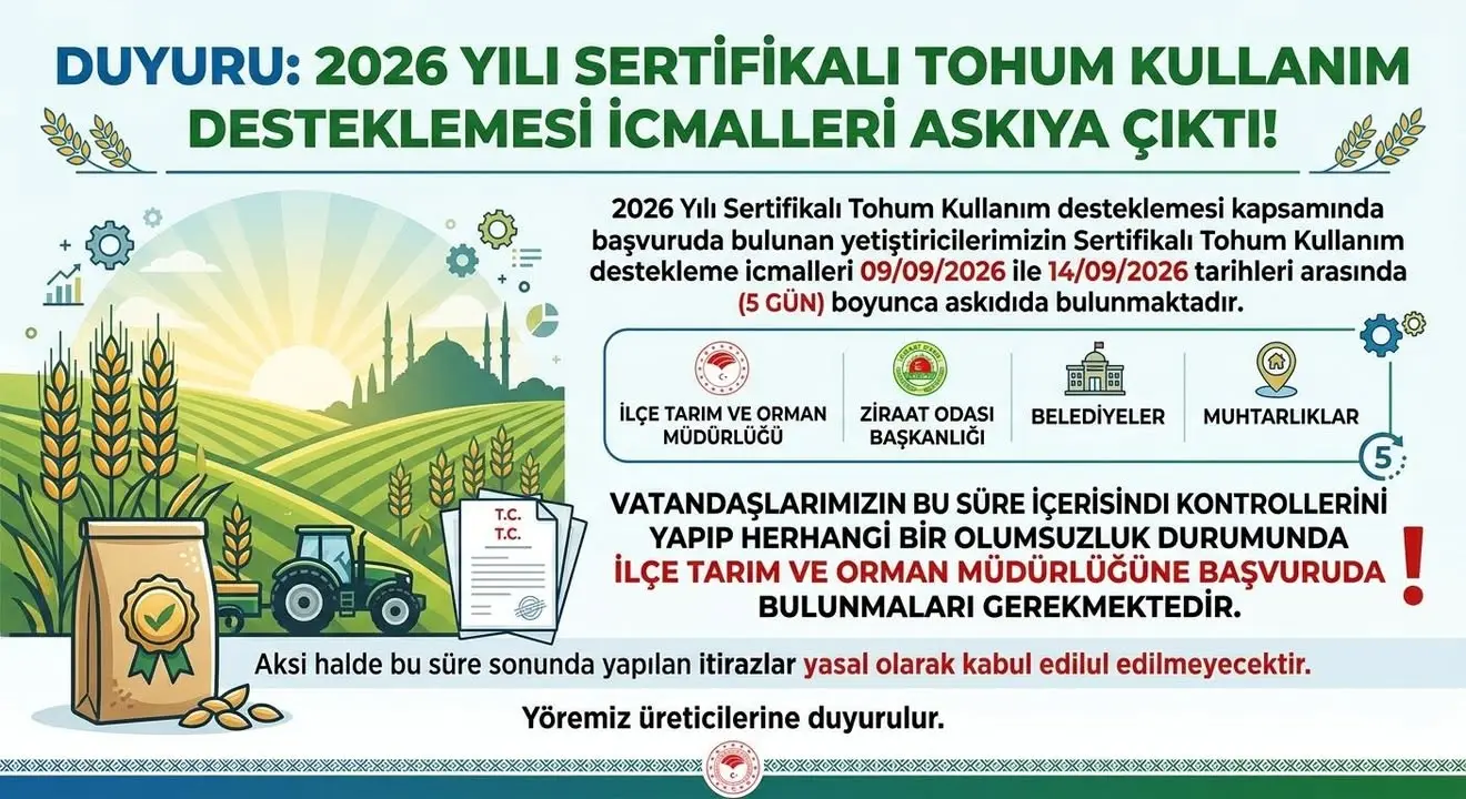 Sertifikalı Tohum Destekleme İcmalleri Askıya Çıktı