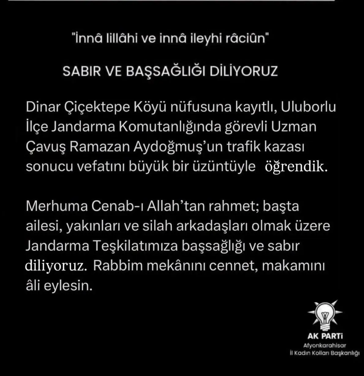 Jandarma Uzman Çavuş Ramazan Aydoğmuş'un Vefatı