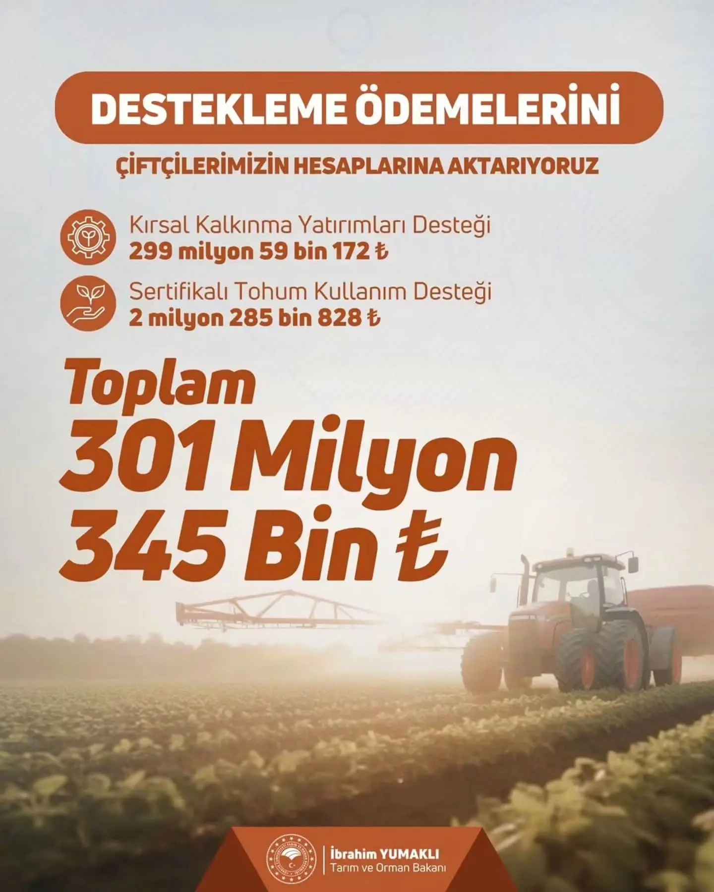 Çiftçilere 301 milyon TL tarımsal destek ödemesi
