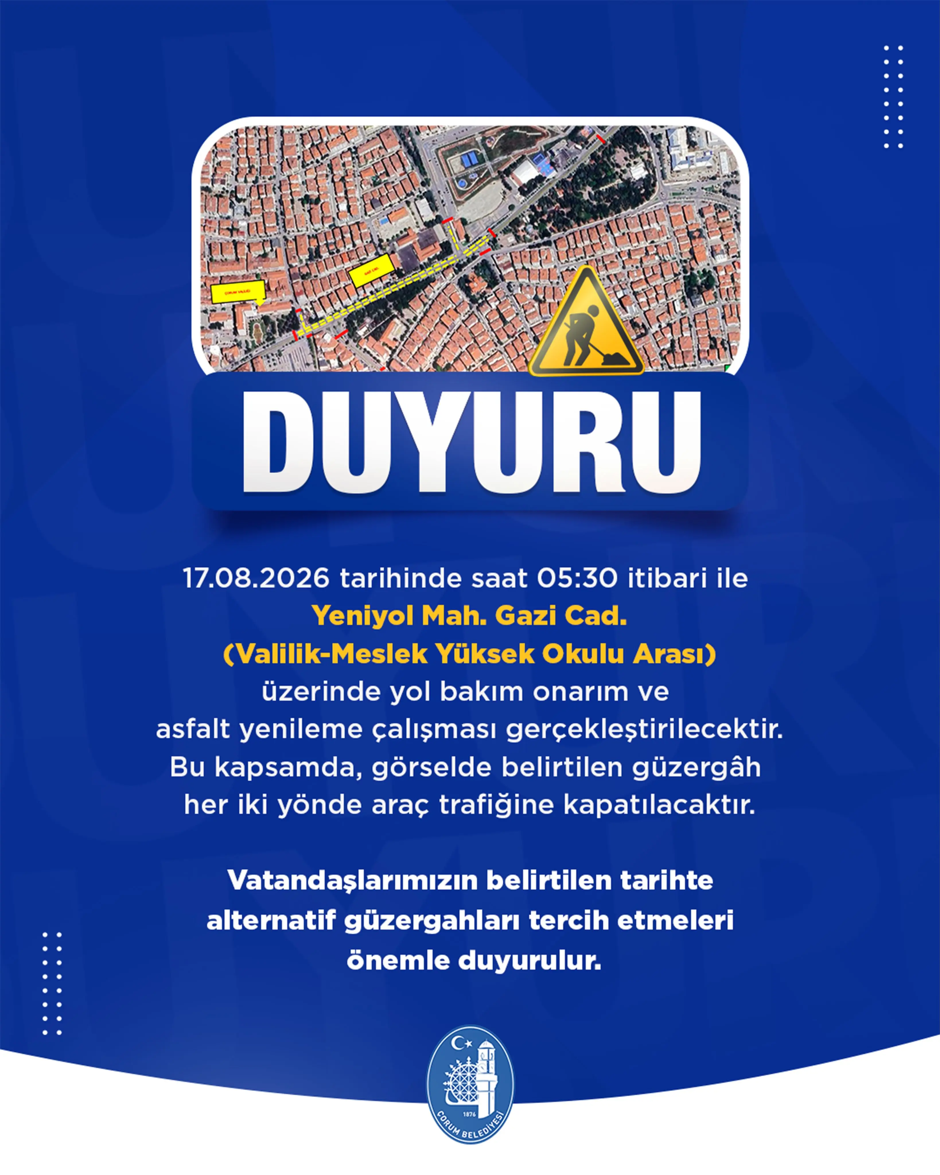 Gazi Caddesi'nde Yol Çalışması Duyurusu