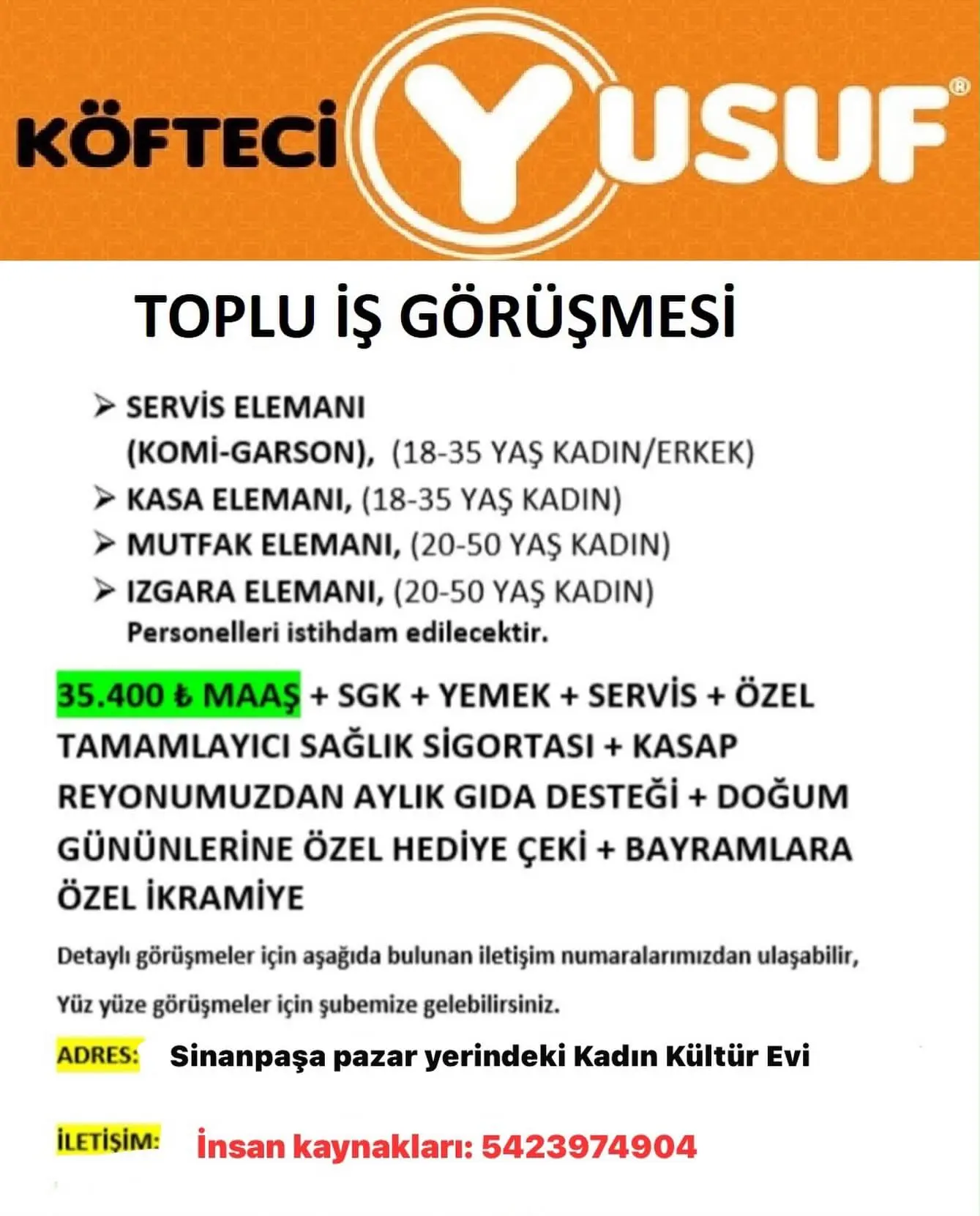 Köfteci Yusuf'tan personel alım görüşmesi duyurusu
