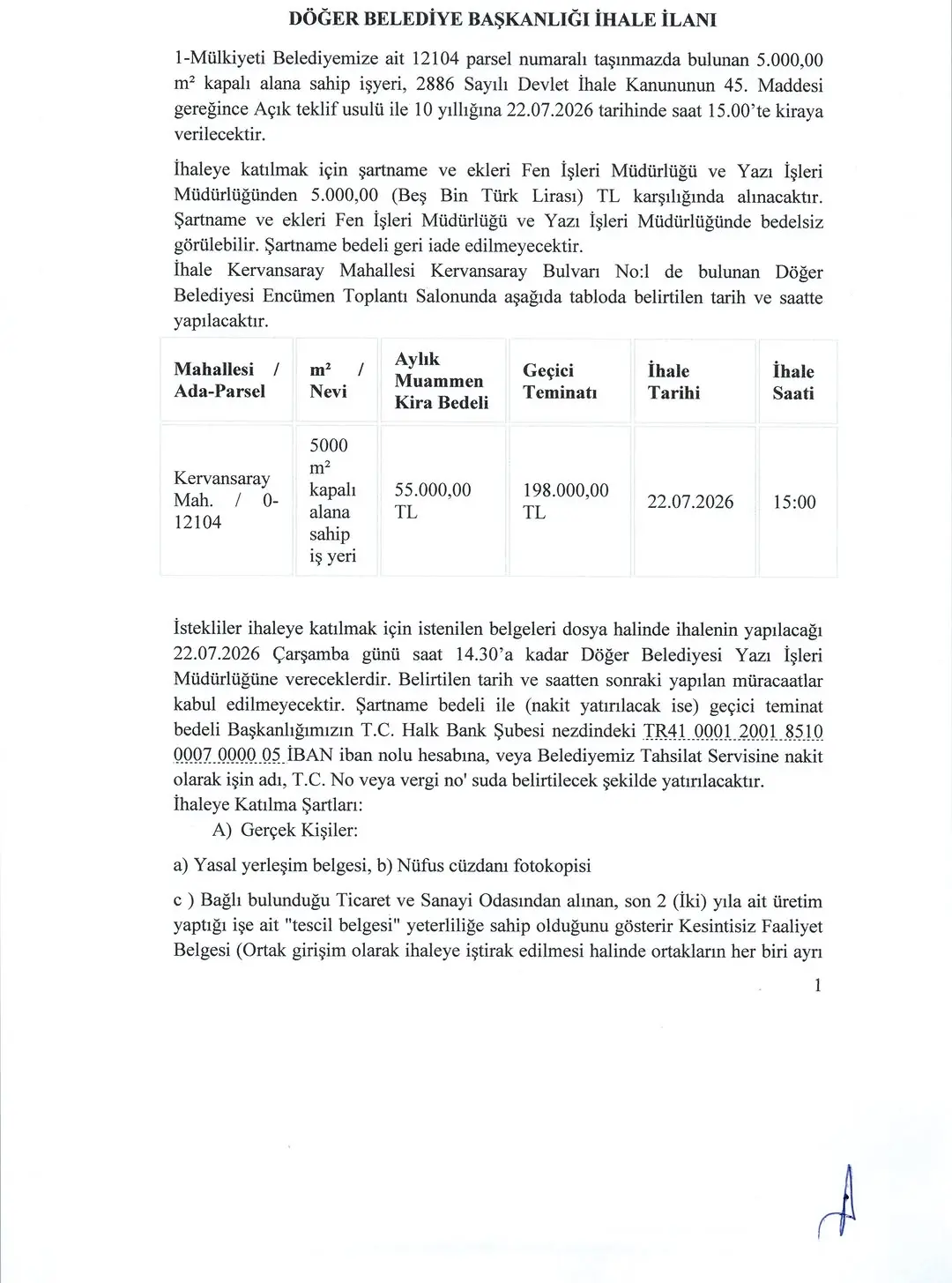 Döğer Belediyesi işyeri kiralama ihalesi duyurdu