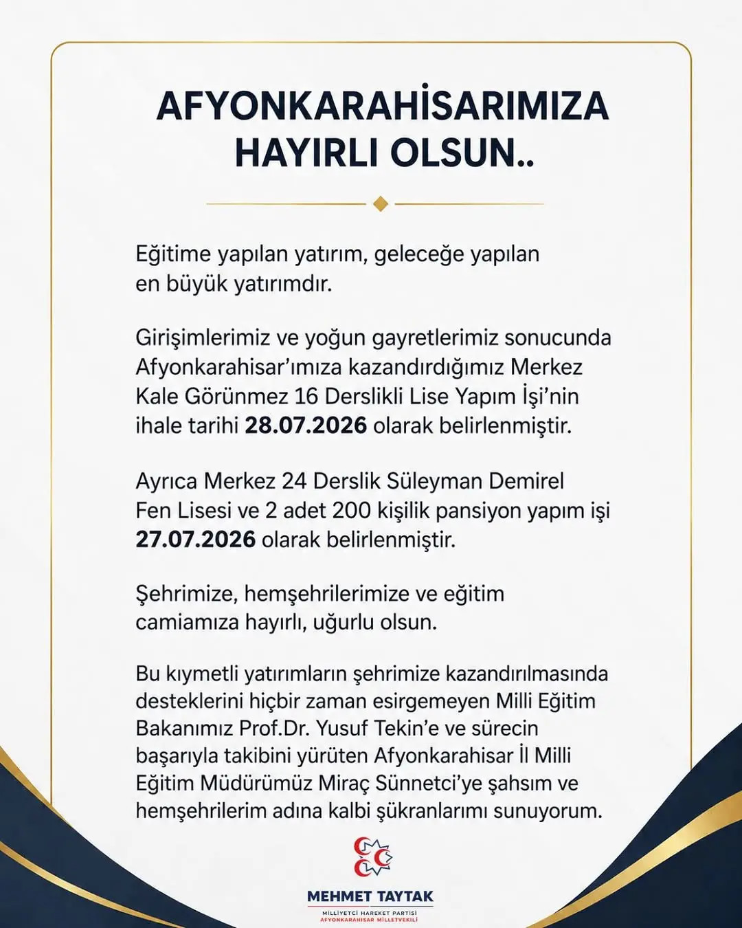Afyonkarahisar'a Yeni Eğitim Yatırımları