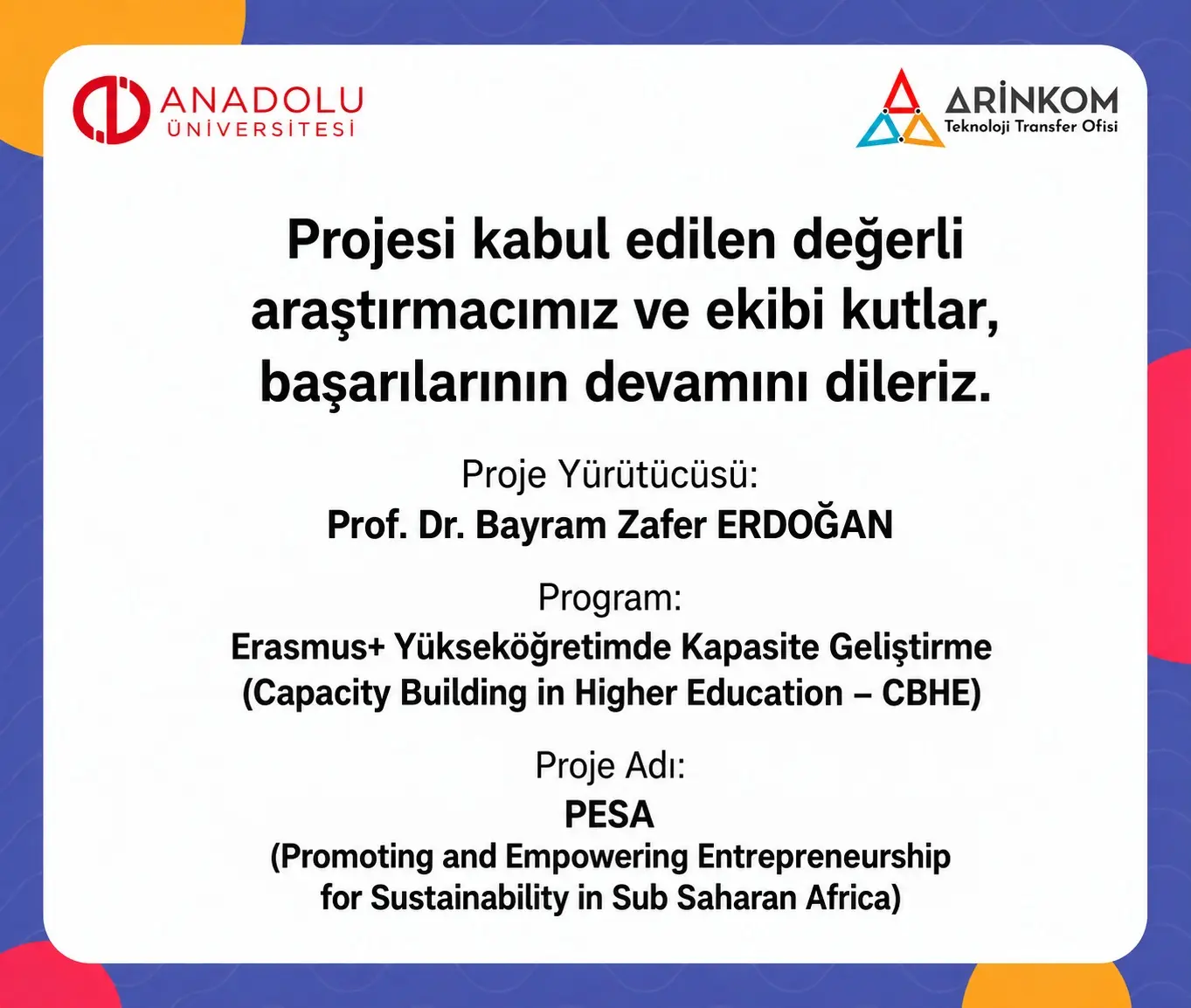 Prof. Dr. Bayram Zafer Erdoğan'a Erasmus+ Projesi Onayı