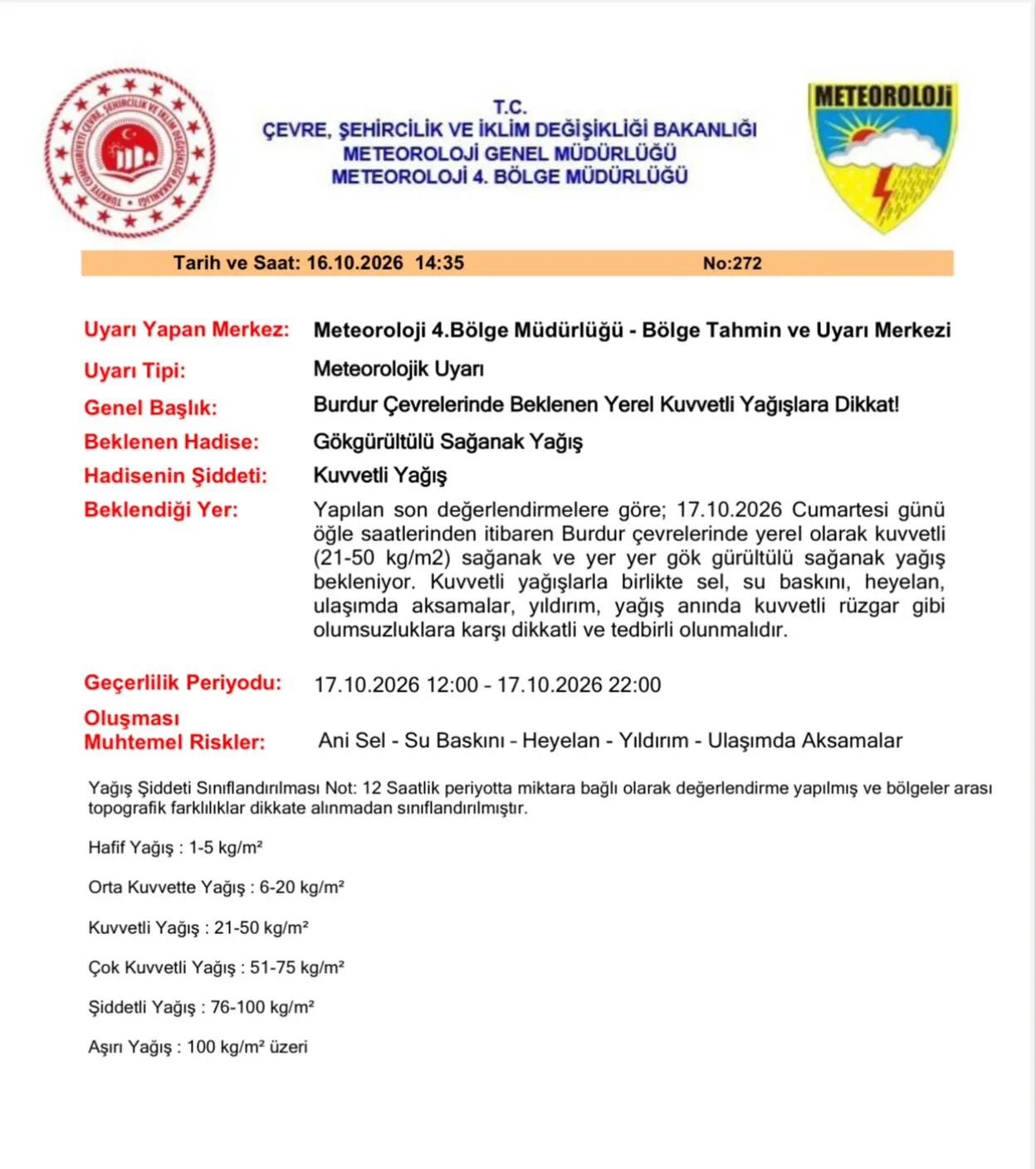 Burdur'da Kuvvetli Yağış Uyarısı
