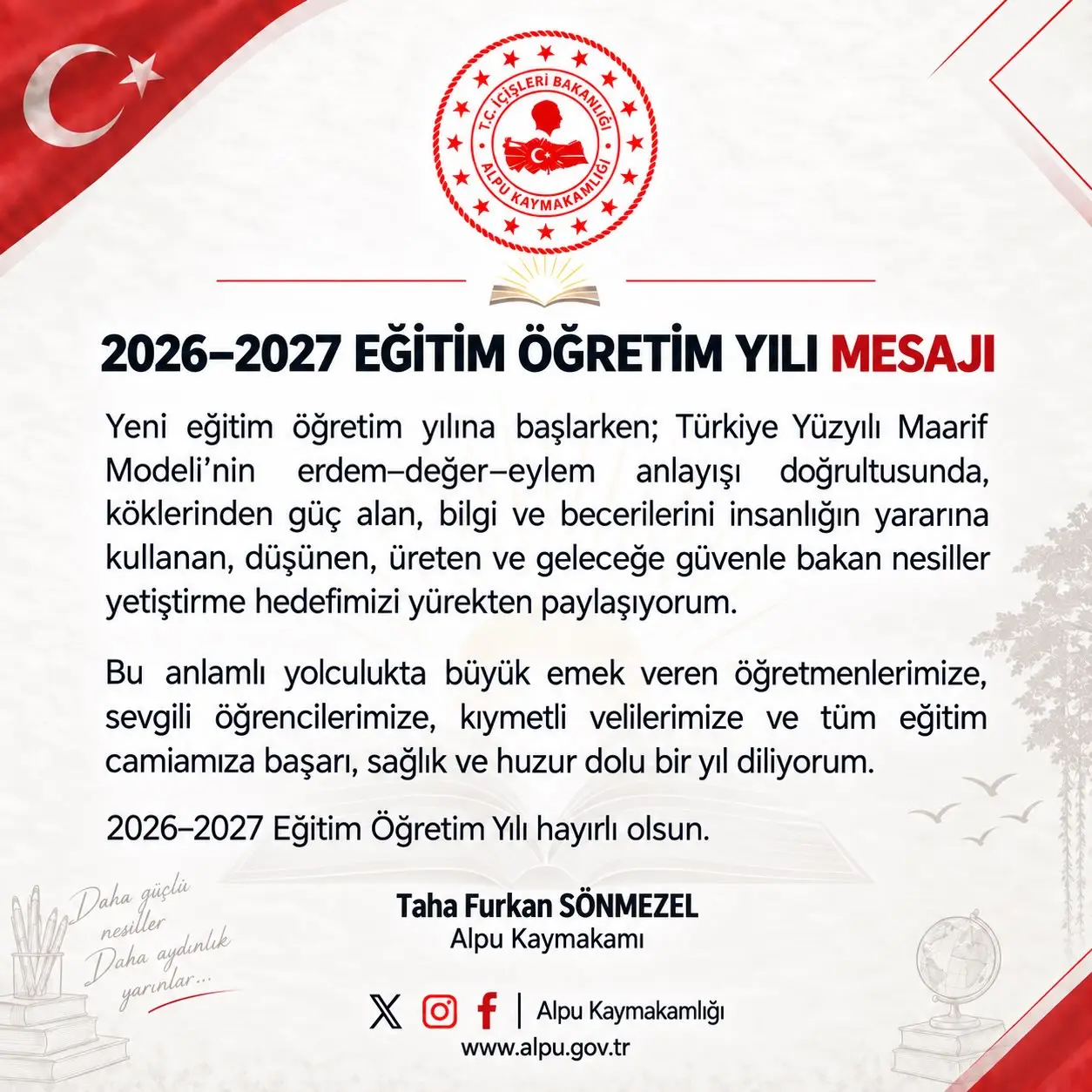 Kaymakam Taha Furkan Sönmezel'den eğitim mesajı