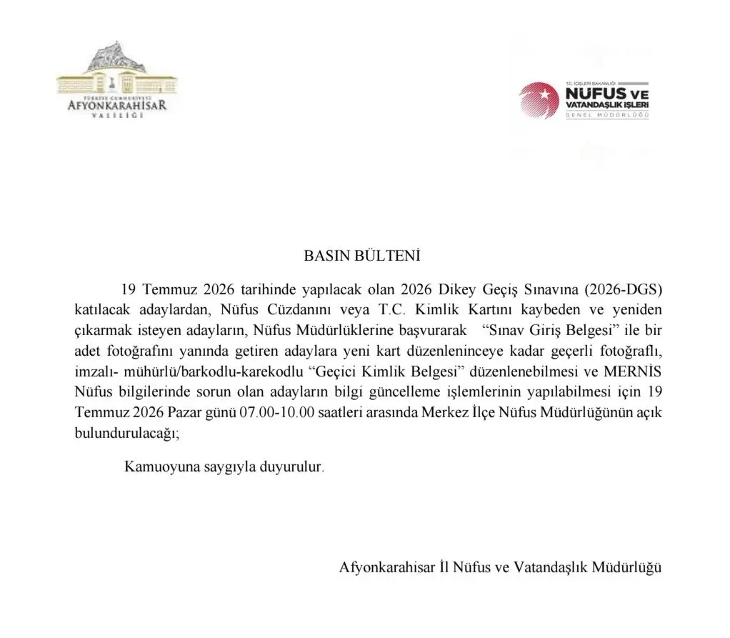 Dikey Geçiş Sınavı için Nüfus Müdürlüğü Açık Kalacak