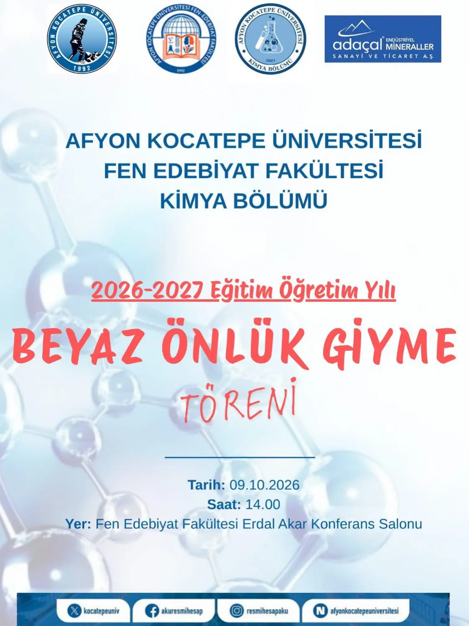 Kimya Bölümü Beyaz Önlük Giyme Töreni Gerçekleşti
