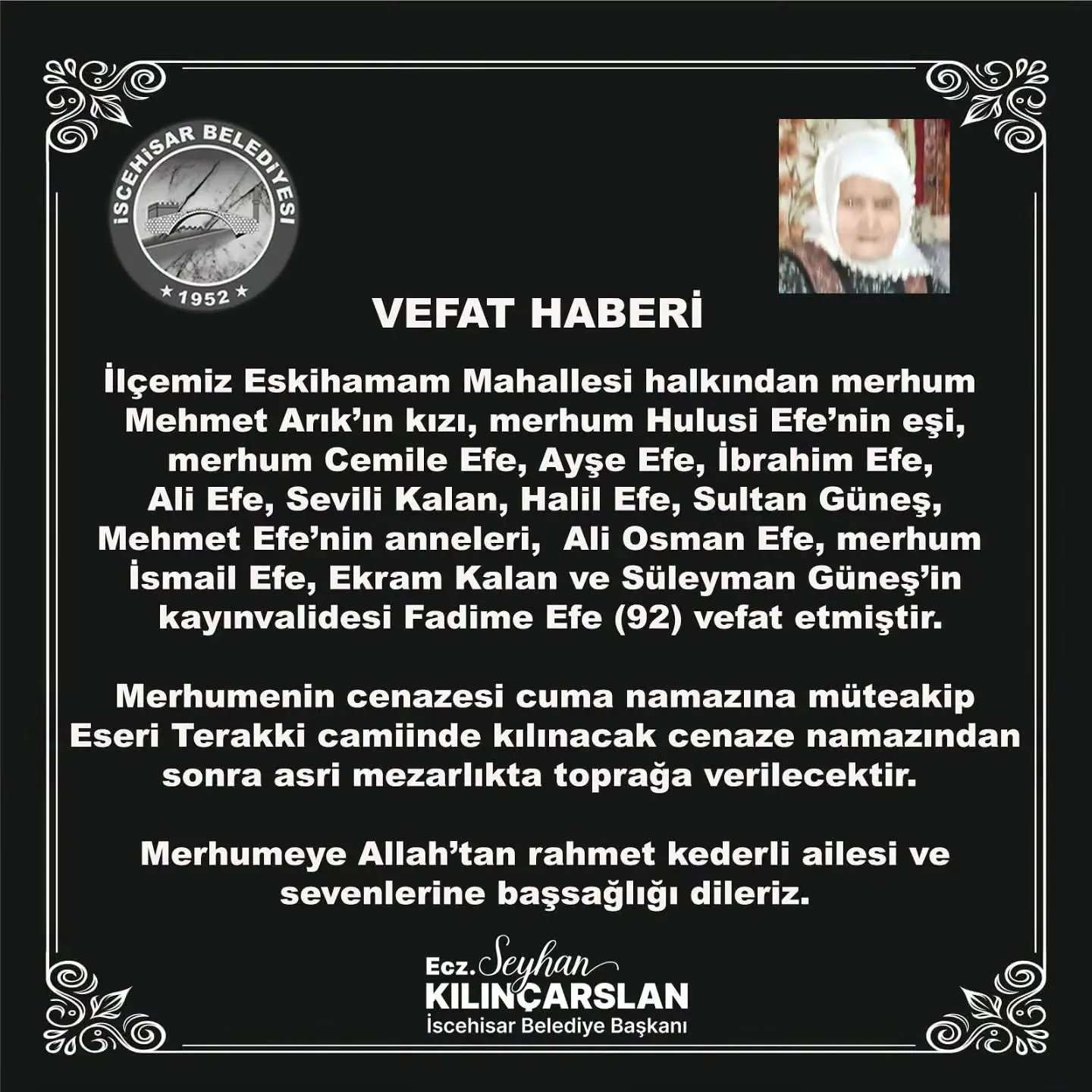 Eskihamam Mahallesi'nden Fadime Efe'nin Vefatı