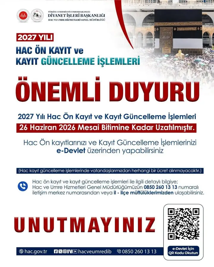 2027 Yılı Hac Ön Kayıt Süresi Uzatıldı