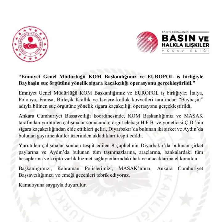 Emniyet Genel Müdürlüğü ve EUROPOL 'Baybaşin' Suç Örgütüne Operasyon Düzenledi