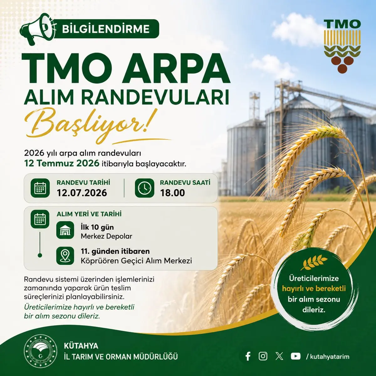 TMO 2026 Arpa Alım Randevuları Duyuruldu