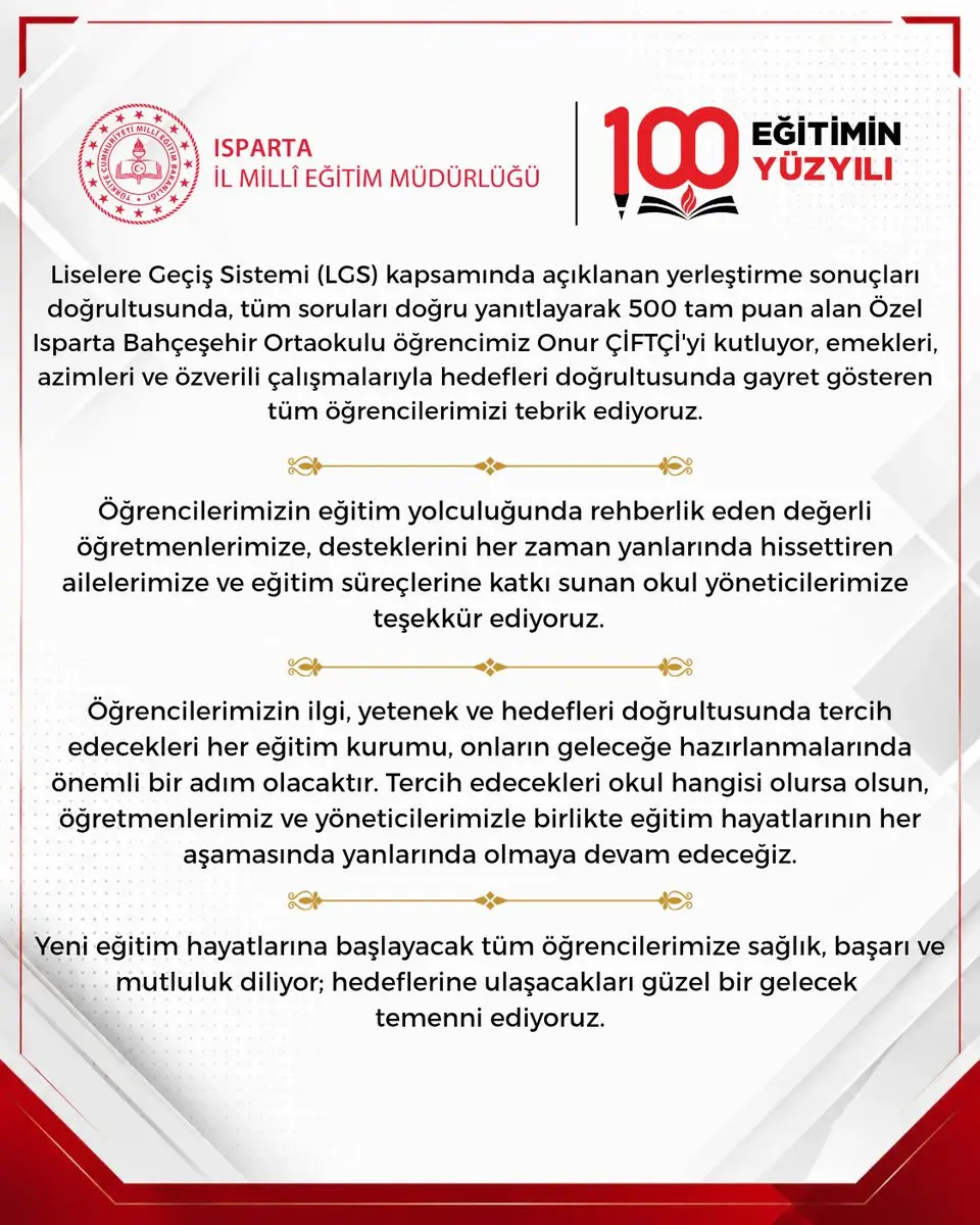 LGS'de 500 Puan Alan Öğrenci Kutlandı