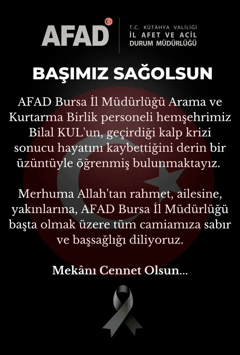 AFAD Kütahya'dan vefat ve başsağlığı mesajı