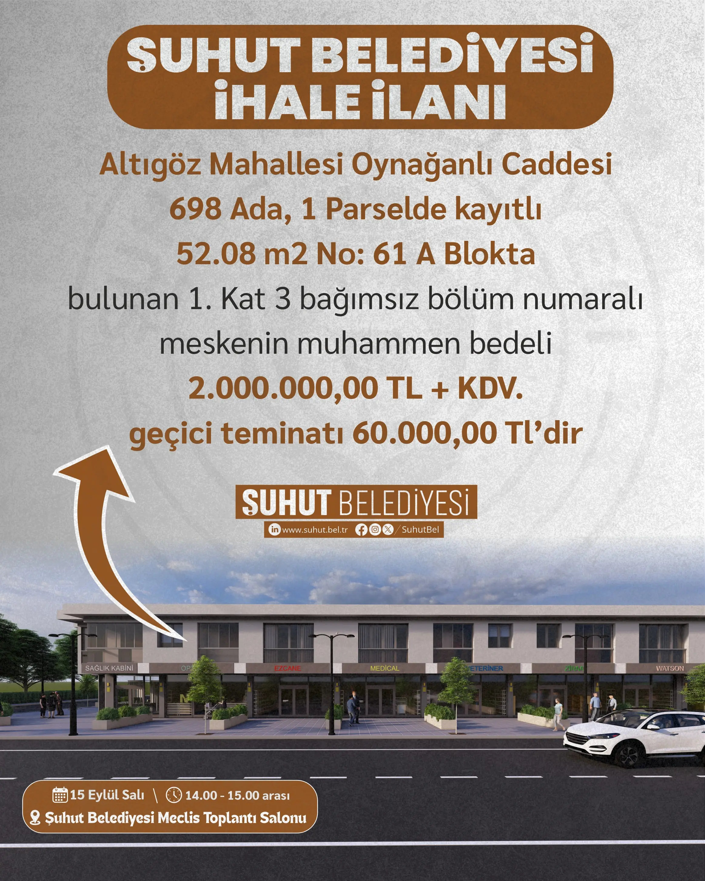 Şuhut'ta iki mesken ihale edilecek