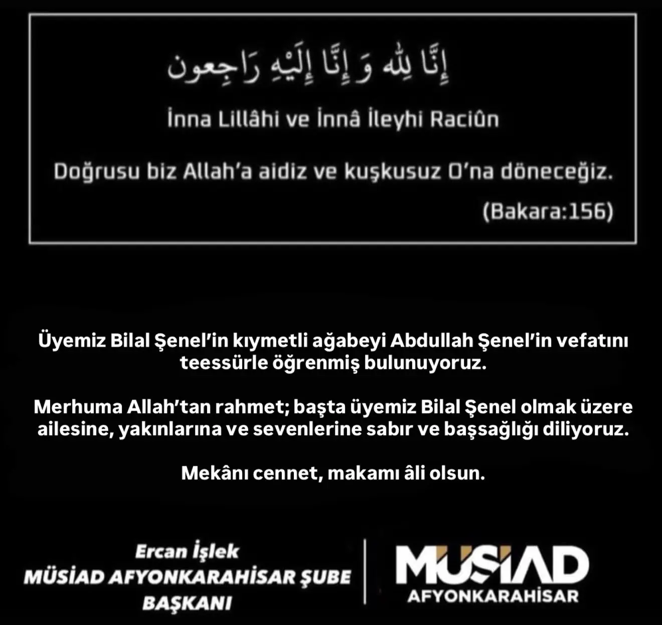 MÜSİAD AFYONKARAHİSAR'dan başsağlığı mesajı