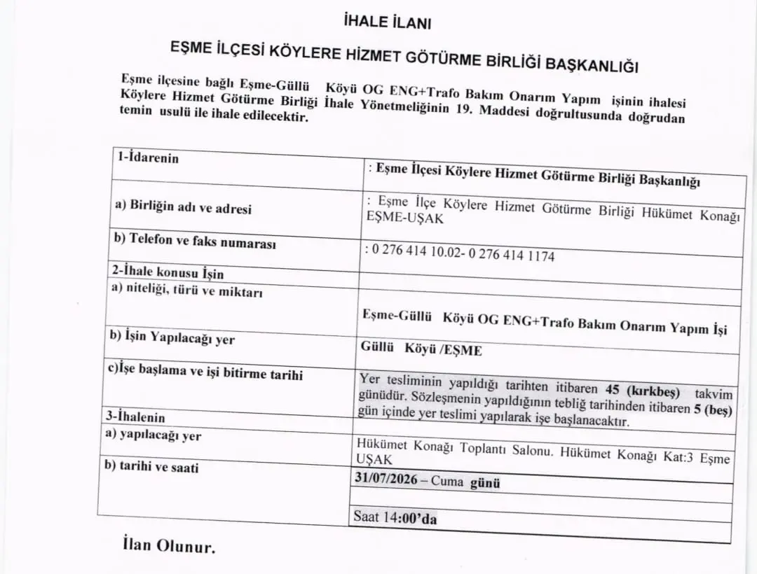 Eşme'de trafo bakım ihalesi duyuruldu