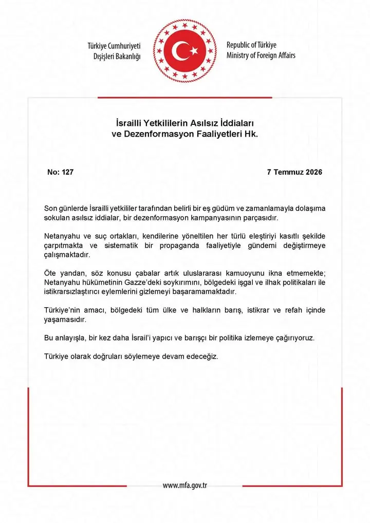 Dış İşleri Bakanlığı'ndan İsrail'in İddialarına Yanıt