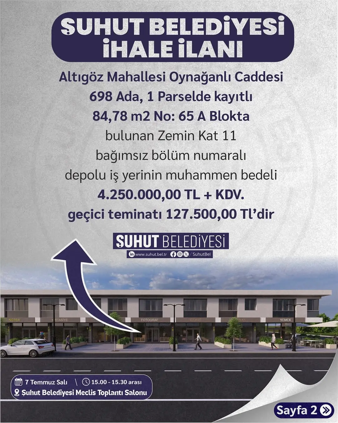 Şuhut Belediyesi'nden ihale ilanı duyurusu