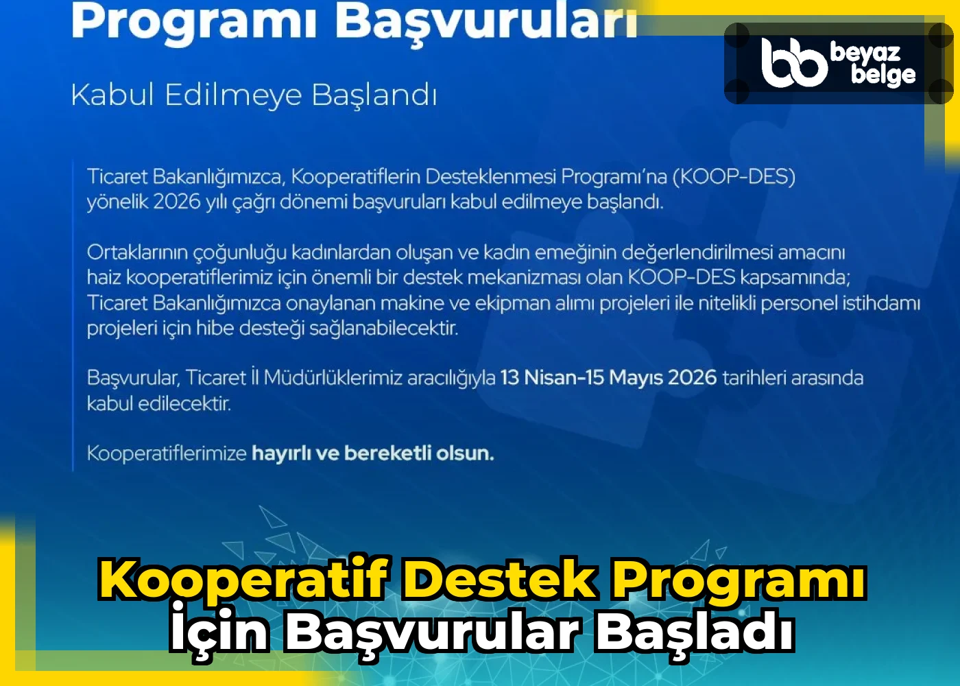 Kooperatif Destek Programı için Başvurular Başladı