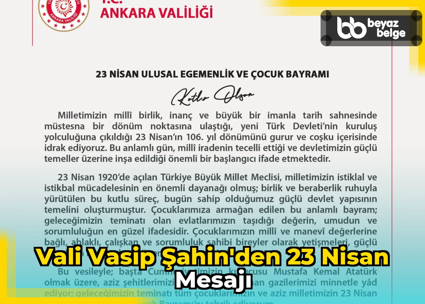 Vali Vasip Şahin'den 23 Nisan Mesajı