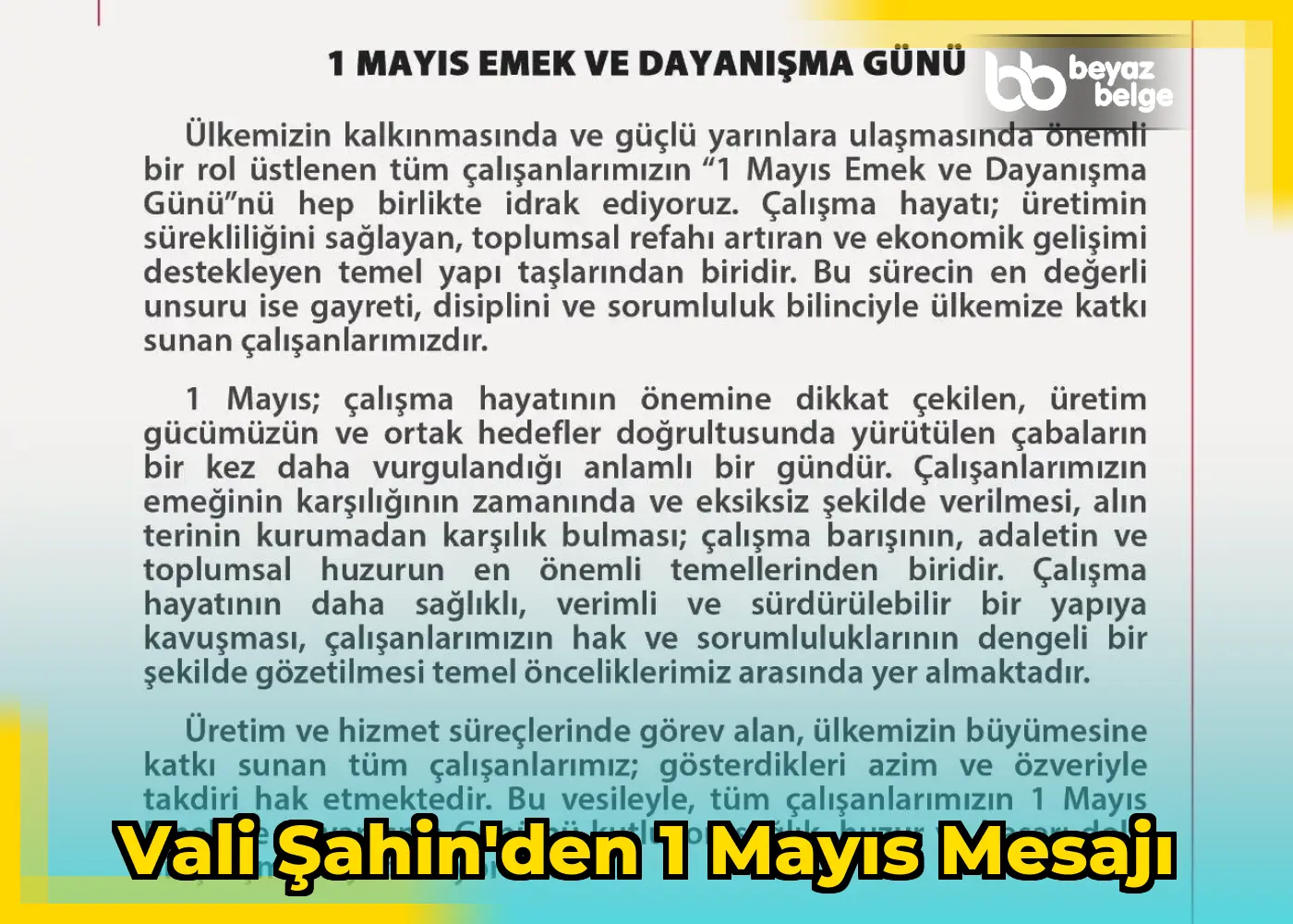 Vali Şahin'den 1 Mayıs Mesajı