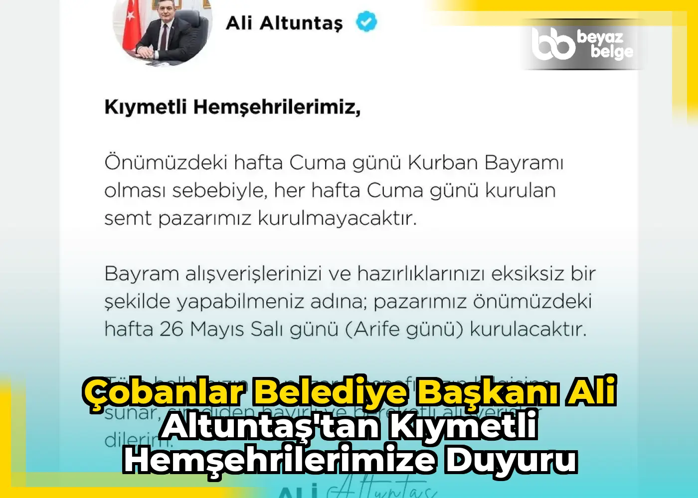 Çobanlar Belediye Başkanı Ali Altuntaş'tan Kıymetli Hemşehrilerimize Duyuru