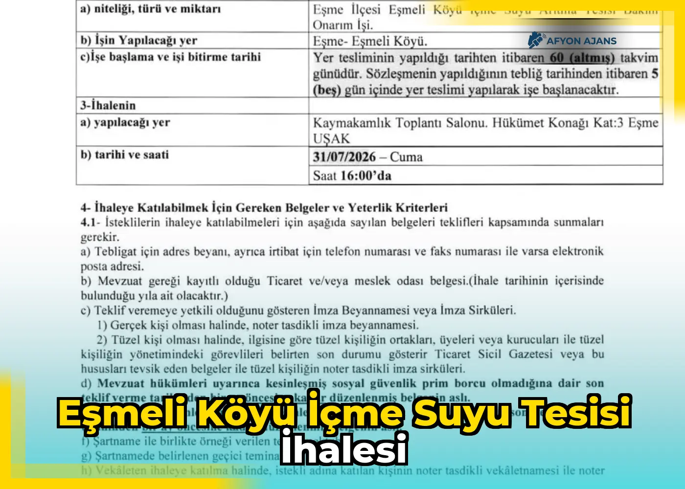 Eşmeli Köyü İçme Suyu Tesisi İhalesi