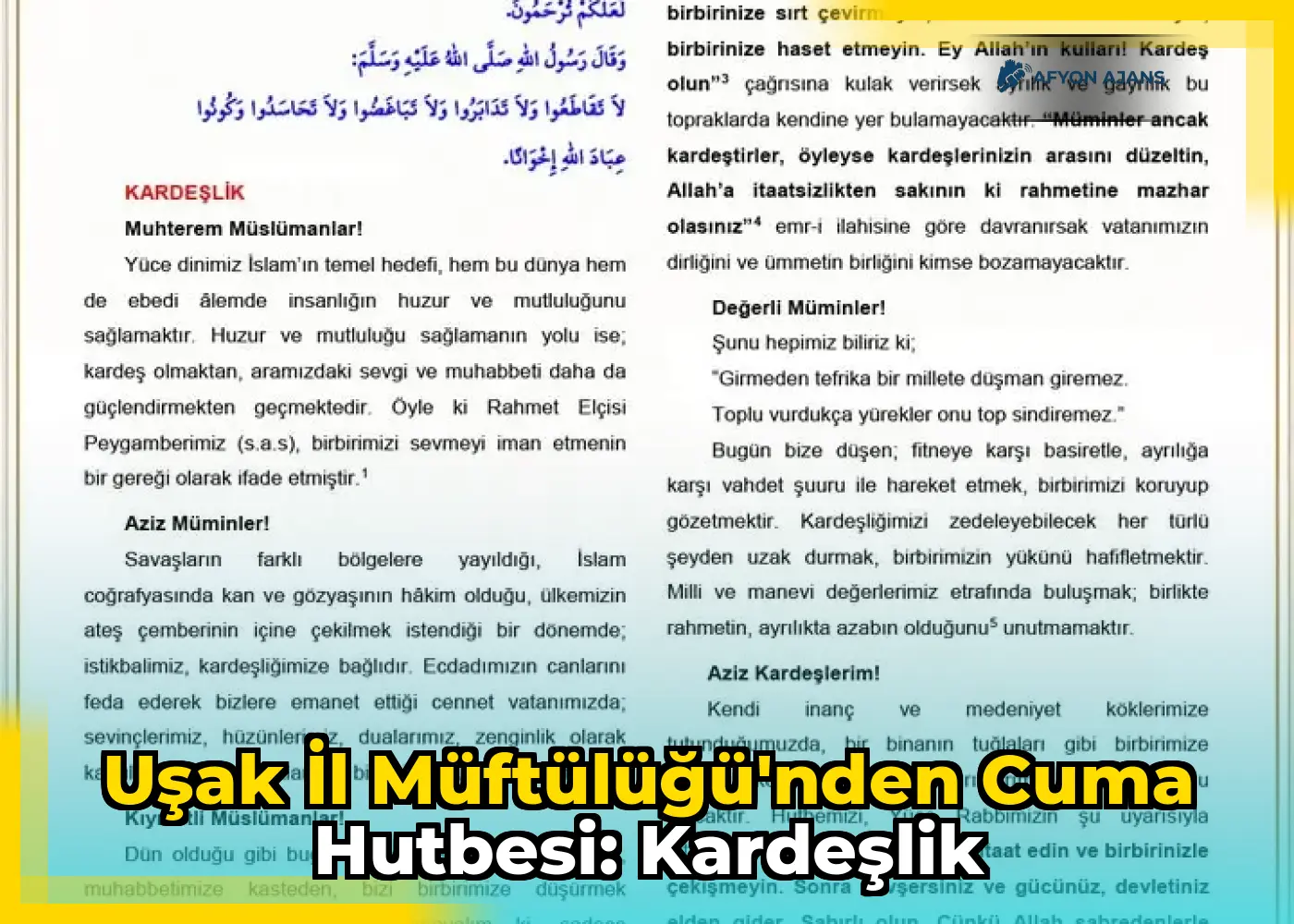 Uşak İl Müftülüğü'nden Cuma Hutbesi: Kardeşlik