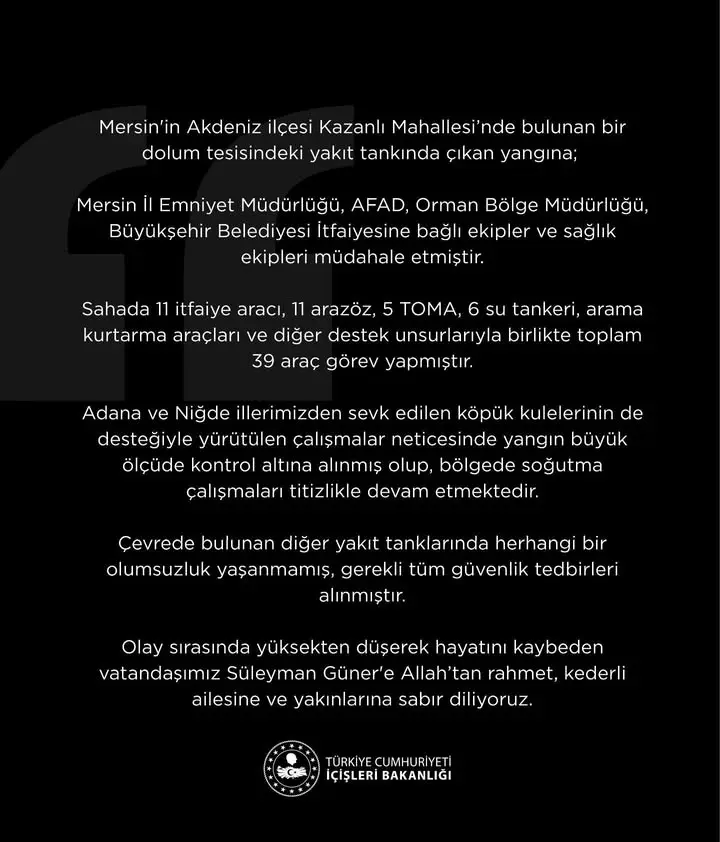 Mersin Kazanlı Mahallesi'nde Yakıt Tankı Yangını
