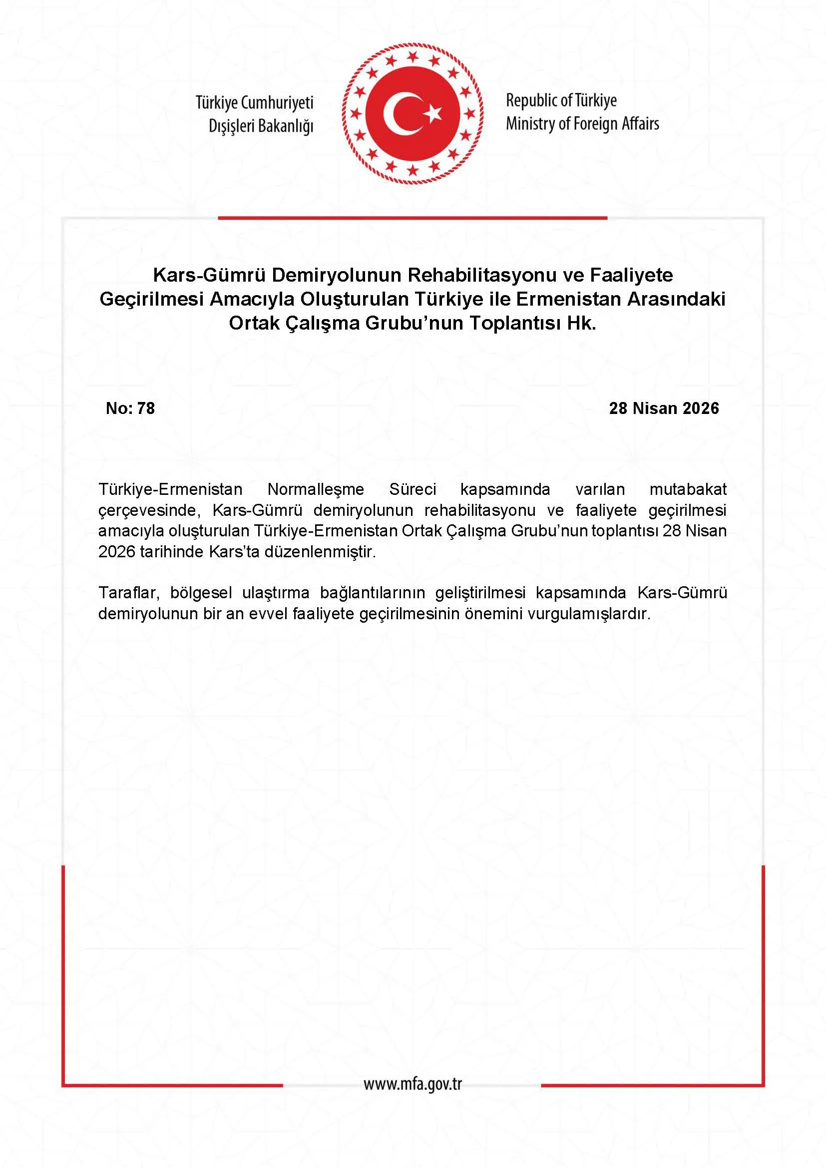 Türkiye ve Ermenistan Demiryolu İçin Ortak Çalışma Grubu Toplandı