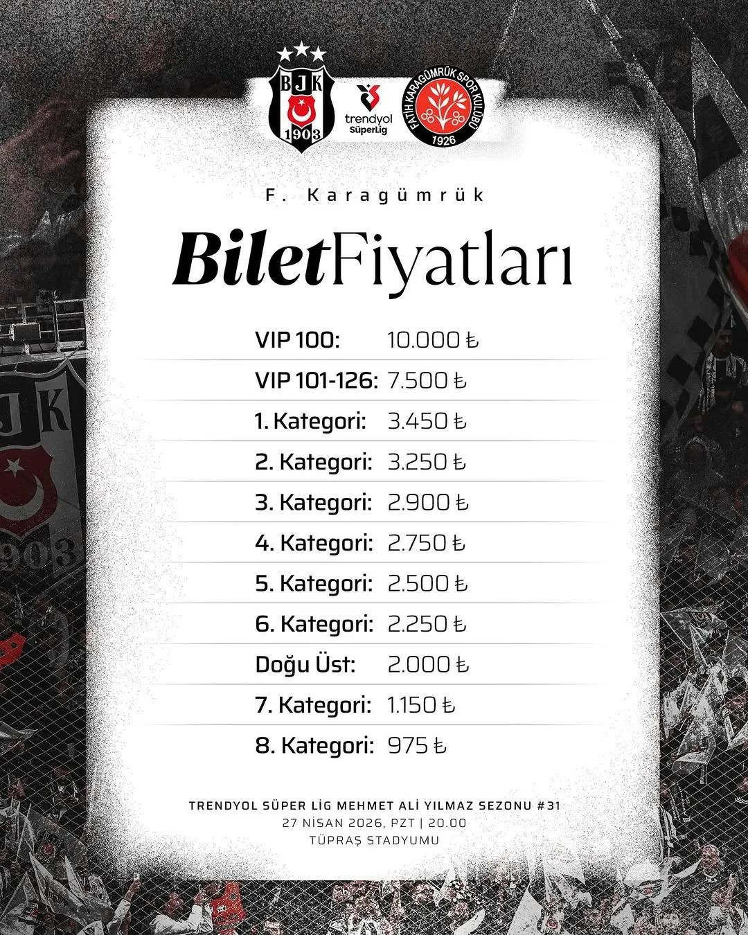 Beşiktaş, Fatih Karagümrük Maçı Biletleri Hakkında Bilgilendirme
