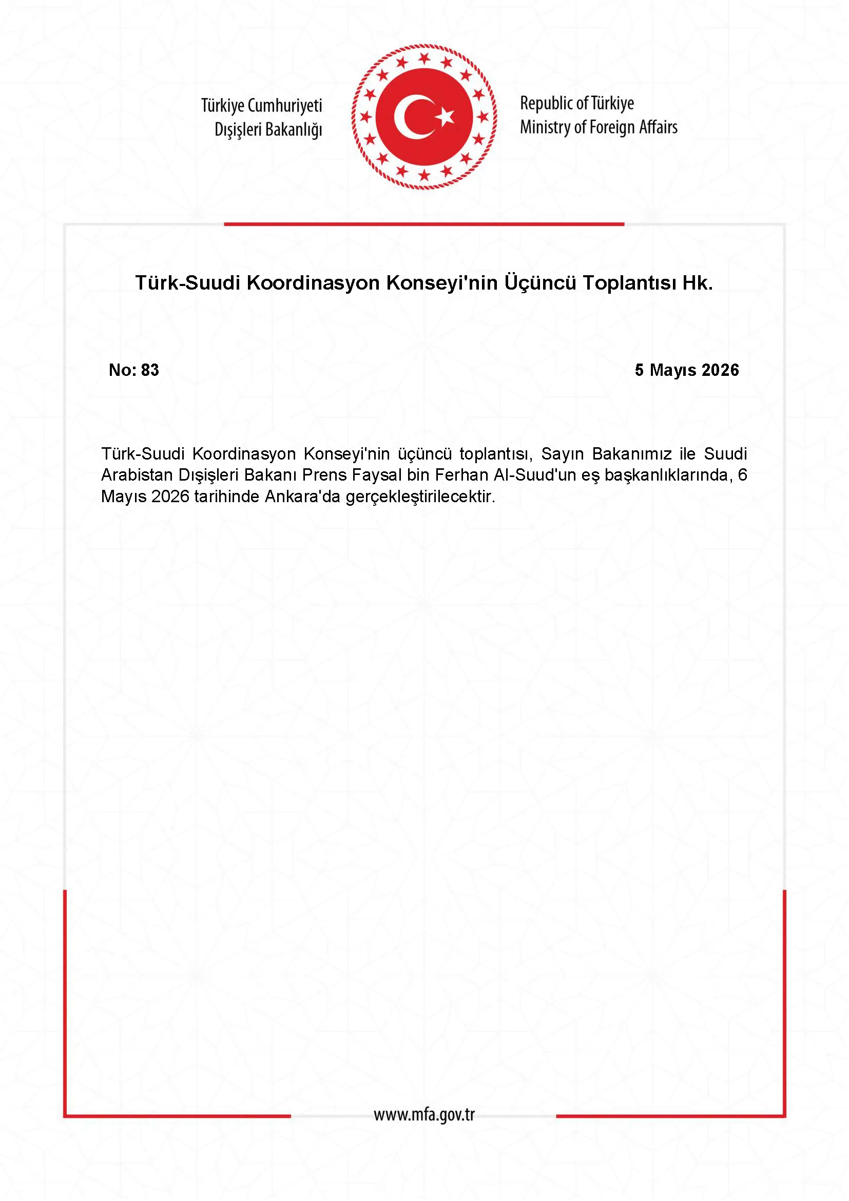 Türk-Suudi Koordinasyon Konseyi Üçüncü Toplantısı Gerçekleşti