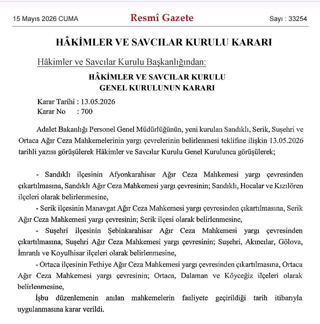 Hâkimler ve Savcılar Kurulu Kararıyla Sandıklı Ağır Ceza Mahkemesi Yargı Çevresi Belirlendi
