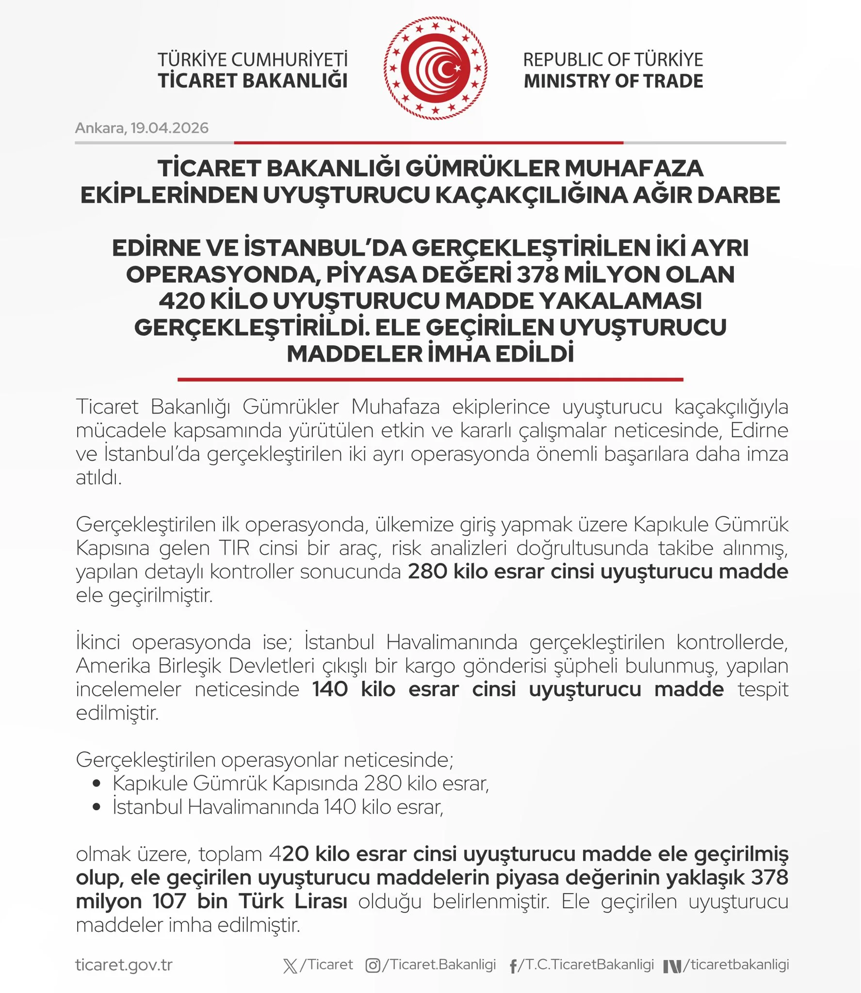 Edirne ve İstanbul'da 420 Kilogram Uyuşturucu Ele Geçirildi
