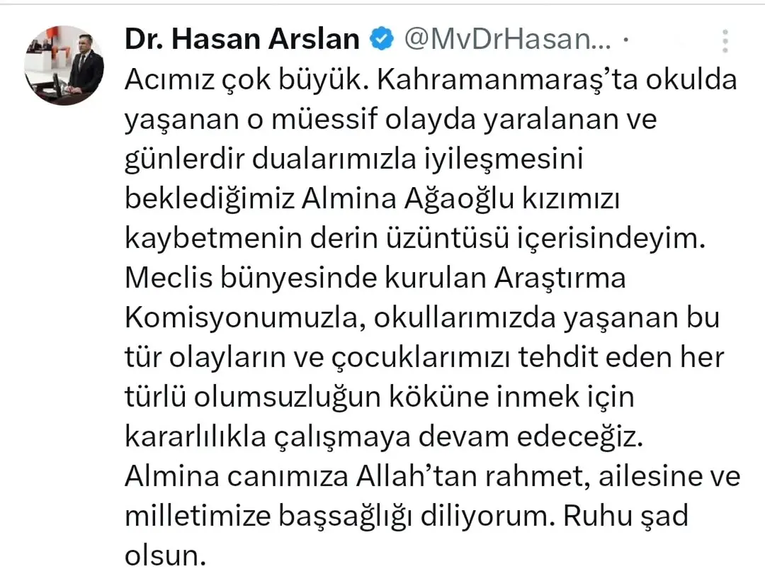 Kahramanmaraş'ta Okulda Yaşanan Acı Olayın Ardından Almina Ağaoğlu'nu Kaybettik
