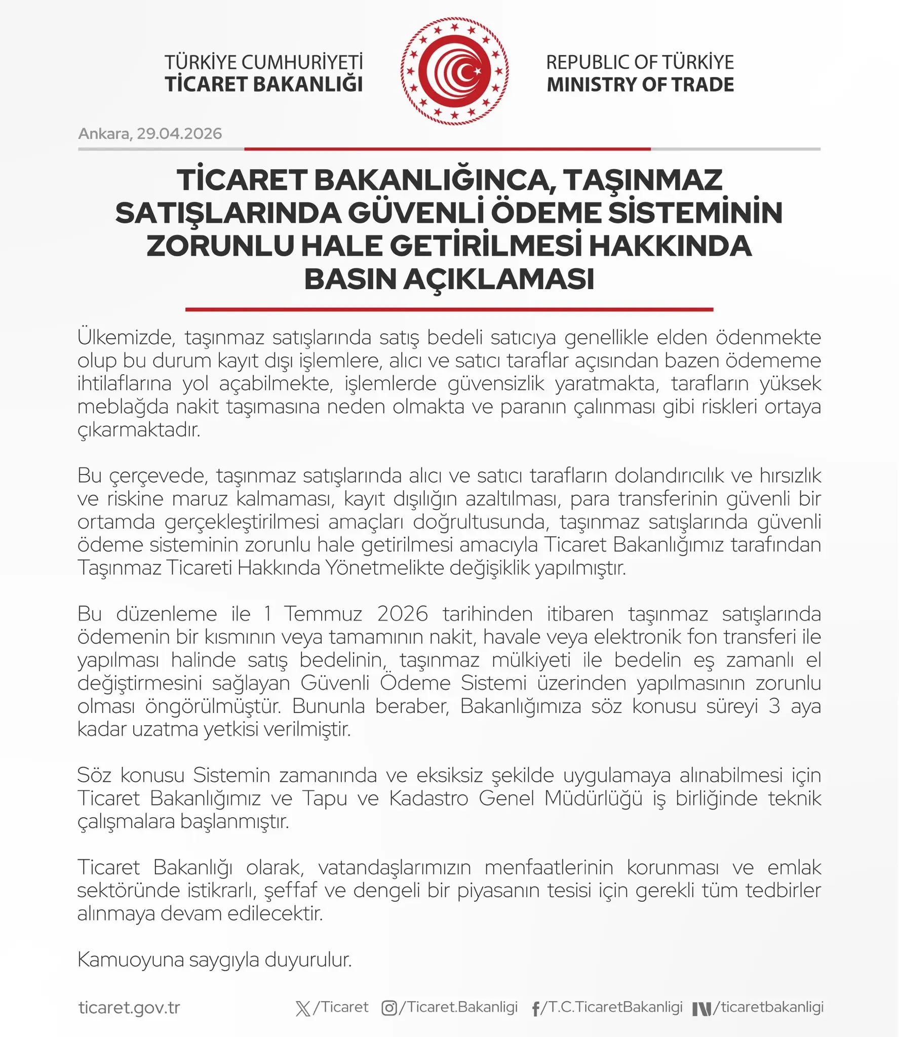 Gayrimenkul satışlarında güvenli ödeme sistemi zorunlu hale geldi