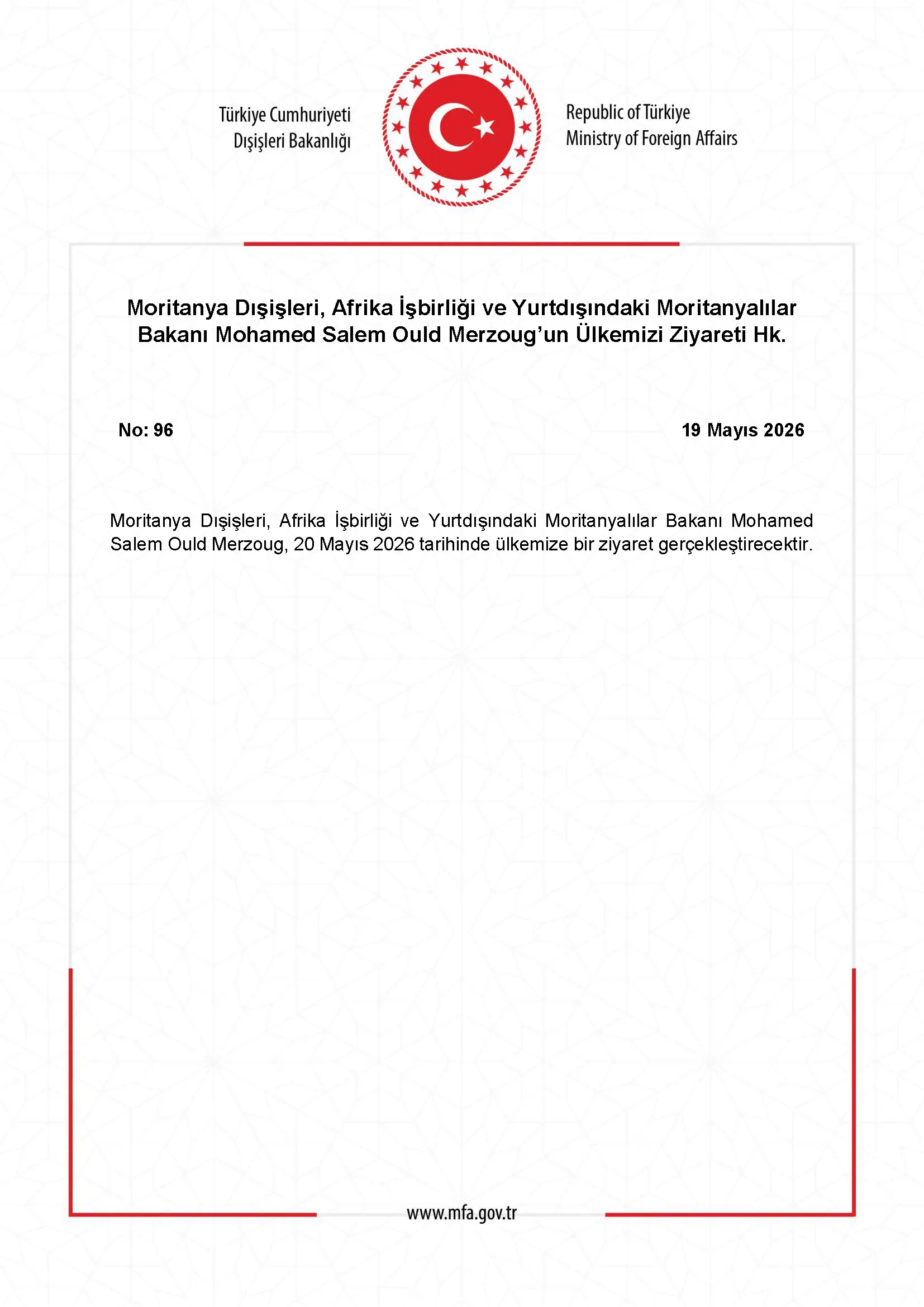 Moritanya Dışişleri Bakanı Ülkemizi Ziyaret Etti