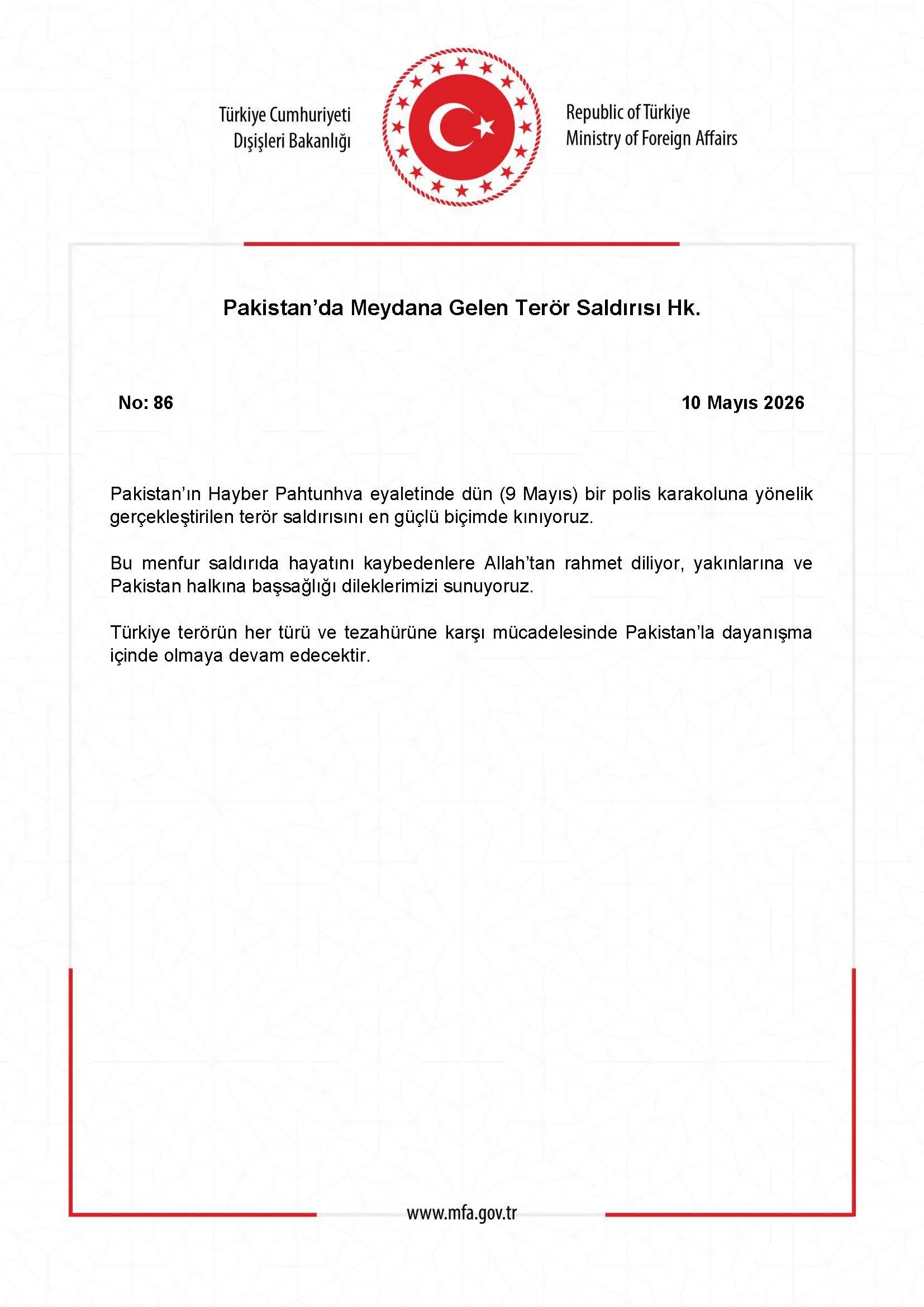 Pakistan'daki Terör Saldırısı Hakkında Açıklama