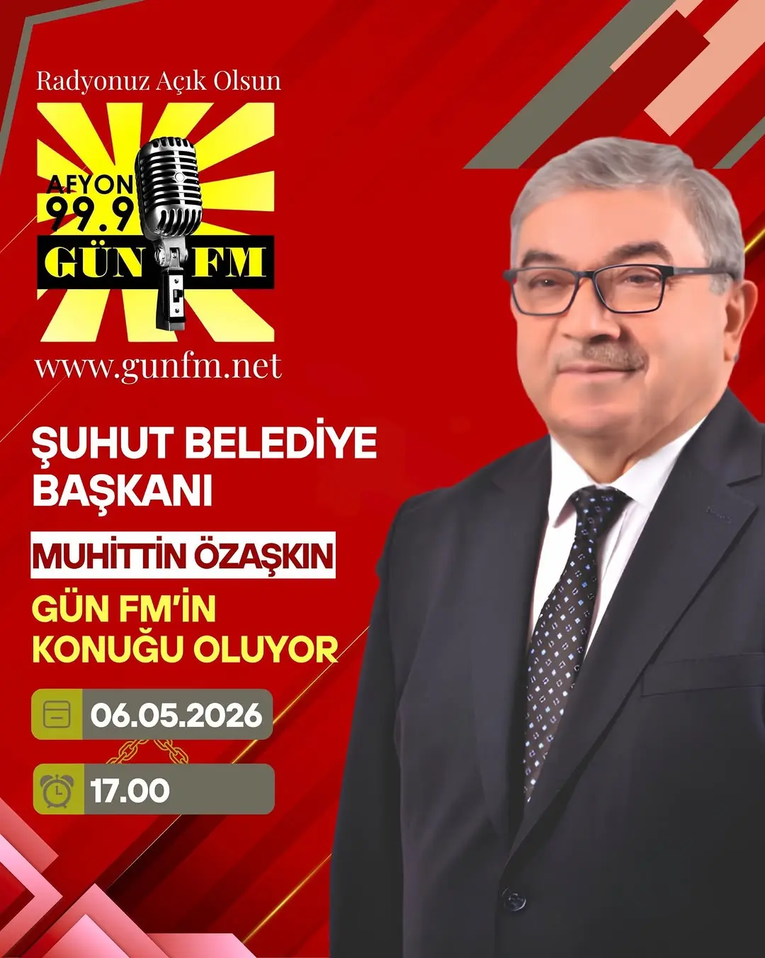 Şuhut Belediye Başkanı Muhittin Özaşkın Gün FM Canlı Yayın Konuğu Olacak