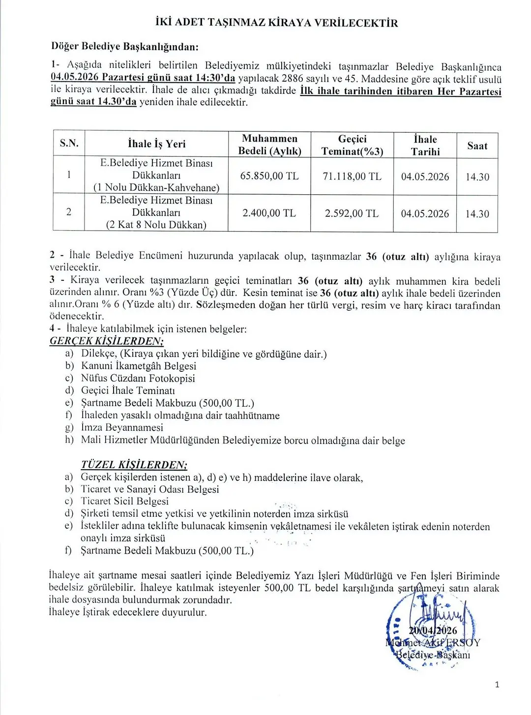 Eski Belediye Hizmet Binası ve Dükkanlarının Kiraya Verileceği İhale Duyurusu