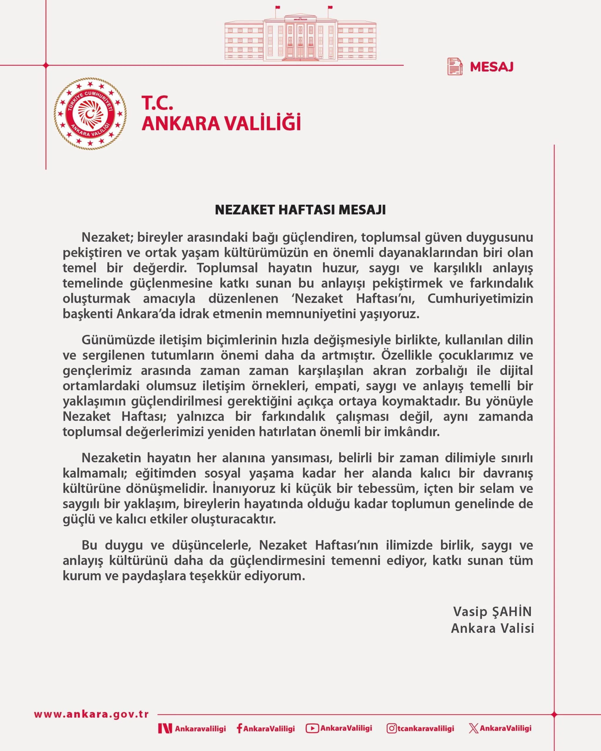 Vali Şahin'den Nezaket Haftası Mesajı