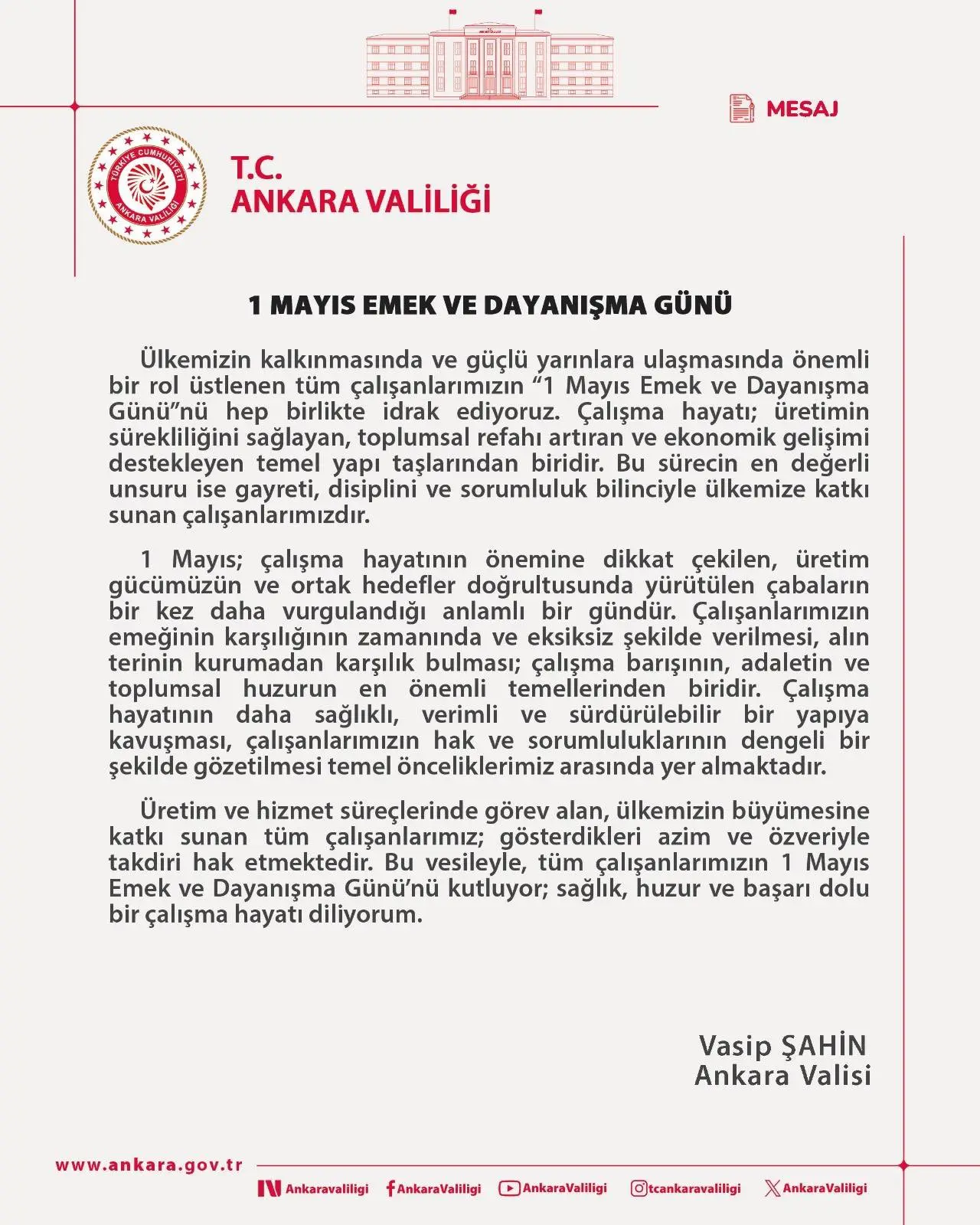 Vali Şahin'den 1 Mayıs Mesajı