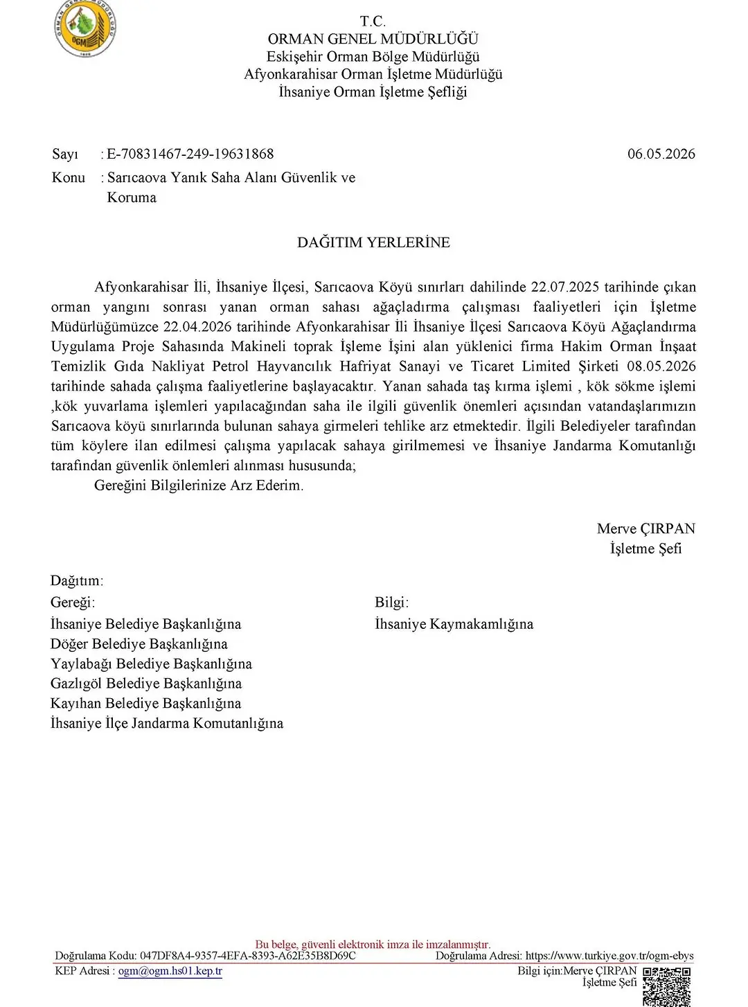 Afyonkarahisar İhsaniye'de Orman Yangını Sonrası Ağaçlandırma Çalışmaları Başlıyor